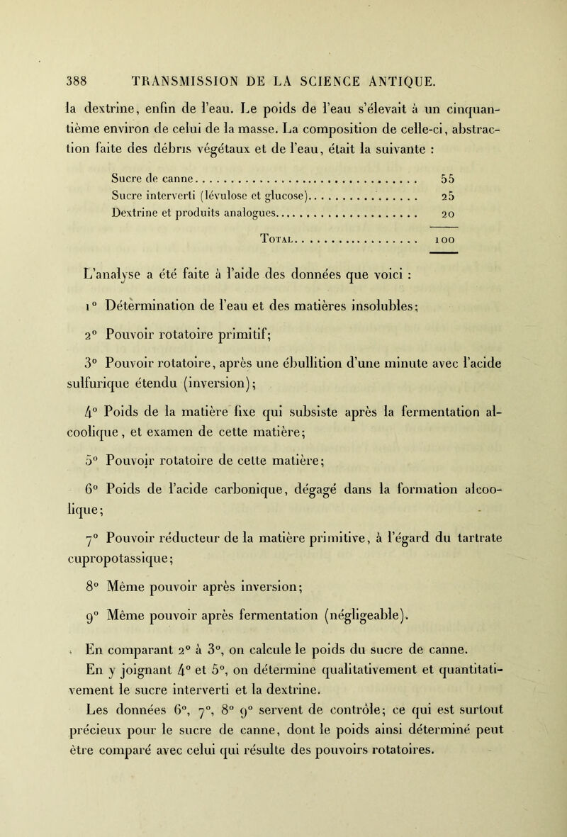 la dextrine, enfin de l’eau. Le poids de l’eau s’élevait à un cinquan- tième environ de celui de la masse. La composition de celle-ci, abstrac- tion faite des débris végétaux et de l’eau, était la suivante : Sucre de canne 55 Sucre interverti (lévulose et glucose) 25 Dextrine et produits analogues 20 Total îoo L’analyse a été faite à l’aide des données que voici : i° Détermination de l’eau et des matières insolubles; 2° Pouvoir rotatoire primitif; 3° Pouvoir rotatoire, après une ébullition d’une minute avec l’acide sulfurique étendu (inversion); 4° Poids de la matière fixe qui subsiste après la fermentation al- coolique, et examen de cette matière; 5° Pouvoir rotatoire de cette matière; 6° Poids de l’acide carbonique, dégagé dans la formation alcoo- lique; 70 Pouvoir réducteur de la matière primitive, à l’égard du tartrate cupropotassique ; 8° Même pouvoir après inversion; 90 Même pouvoir après fermentation (négligeable). * En comparant 20 à 3°, on calcule le poids du sucre de canne. En y joignant 4° et 5°, on détermine qualitativement et quantitati- vement le sucre interverti et la dextrine. Les données 6°, 70, 8° 90 servent de contrôle; ce qui est surtout précieux pour le sucre de canne, dont le poids ainsi déterminé peut être comparé avec celui qui résulte des pouvoirs rotatoires.