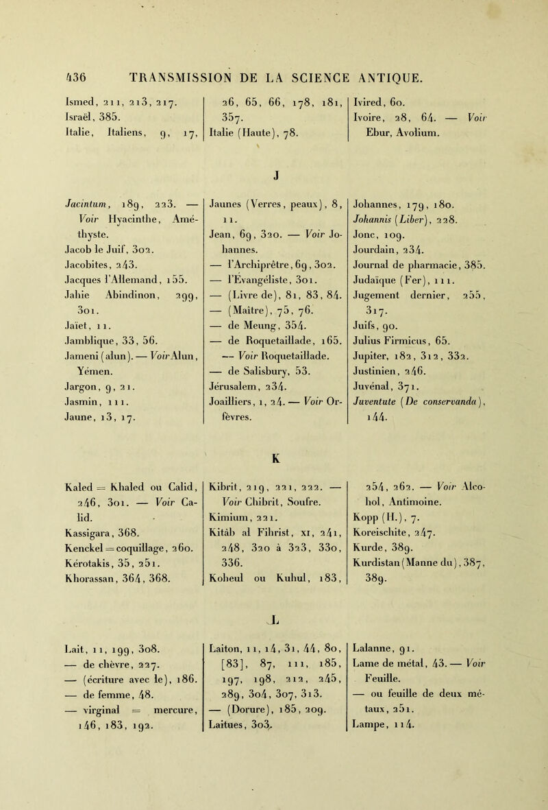 Ismed, 211, 213,217. Israël, 385. Italie, Italiens, 9, 17, Jacintum, 189, 2 23. — Voir Hyacinthe, Amé- thyste. Jacob le Juif, 3o2. Jacobites, 2 43. Jacques 1 Allemand, i55. Jahie Abindinon, 299. 3oi. Jaïet, 11. Jamblique, 33, 56. Jameni ( alun ). — Loir Alun, Yémen. Jargon, 9,21. Jasmin, 111. Jaune, 13, 17. Kaled = Khaled ou Calid, 2 46, 3oi. — Voir Ca- lid. Kassigara, 368. Kenckel = coquillage, 2 60. Kérotakis, 35, 251. Khorassan, 364, 368. Lait, 11, 199, 3o8. — de chèvre, 227. — (écriture avec le), 186. — de femme, 48. — virginal = mercure, 1 46, i83, 192. 26, 65, 66, 178, 181, 357. Italie (Haute), 78. J Jaunes (Verres, peaux), 8, 11. Jean, 69, 320. — Voir Jo- hannes. — l’Archiprêtre ,69,302. — l’Evangéliste, 3oi. — (Livre de), 81, 83, 84. — (Maître), 76, 76. — de Meung, 354- — de Roquetaillade, 165. — Voir Roquetaillade. — de Salisbury, 53. Jérusalem, 2 34. Joailliers, 1, 24. — Voir Or- fèvres. K Kibrit, 219, 221, 222. — Voir Chibrit, Soufre. Klmium, 221. Kitàb al Fihrist, xi, 2 4i, 248, 320 à 32.3, 33o, 336. Koheul ou Kuhul, i83, L Laiton, il, i4, 3i, 44, 80, [83], 87, 111, i85, 197, 198, 212, 245, 289, 3o4, 307, 313. — (Dorure), i85, 209. Laitues, 3o3* Ivired, 60. Ivoire, 28, 64. — Voir Ebur, Avolium. Johannes, 179, 180. Johannis (Liber), 228. Jonc, 109. Jourdain, 2 34. Journal de pharmacie, 385. Judaïque (Fer), 111. Jugement dernier, 255, 3i 7- Juifs, go. Julius Firmicus, 65. Jupiter, 182, 3i2, 332. Justinien, 2 46. Juvénal, 371. Juventute ( De conservanclu ), i44. 2 54, 262. — Voir Alco- hol, Antimoine. K°PP (H.), 7. Koreischite, 247. Kurde, 389. Kurdistan (Manne du), 887, 38g. Lalanne, 91. Lame de métal, 43.— Voir Feuille. — ou feuille de deux mé- taux, 25 1. Lampe, 114.