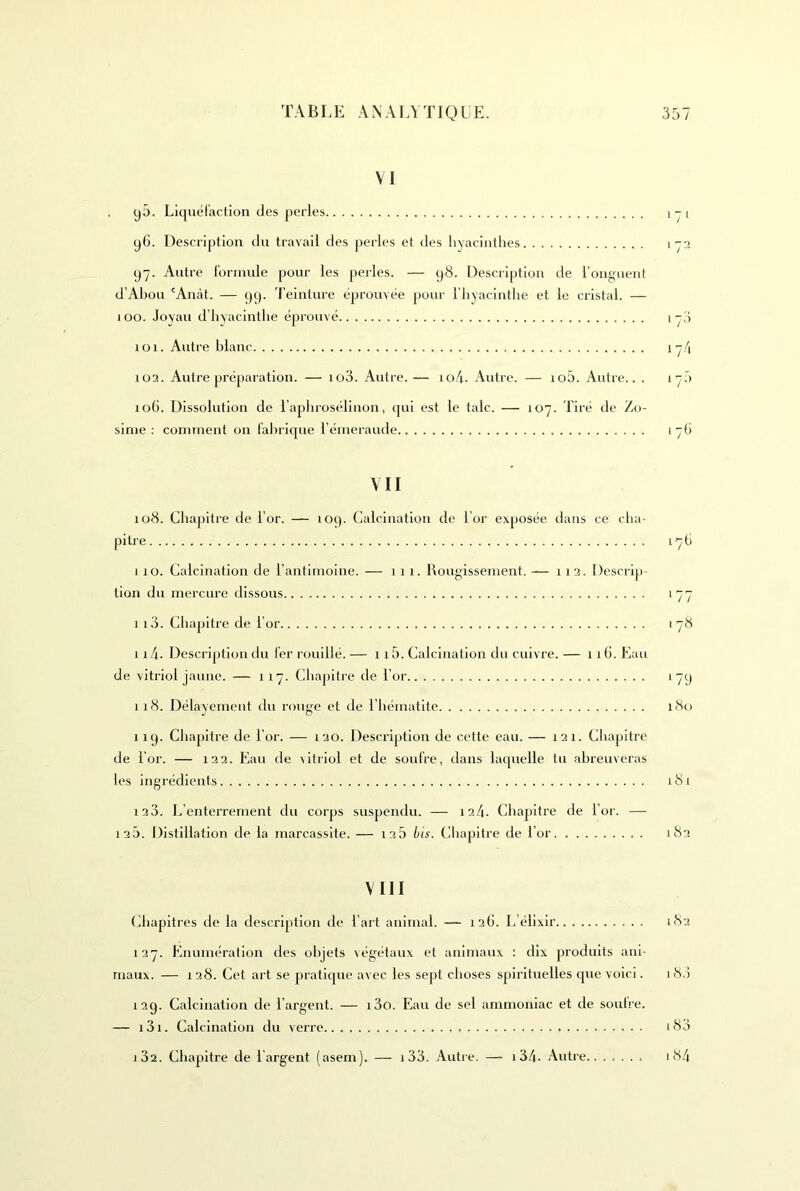 VI y5. Liquélaction des perles i-i 96. Description du travail des perles et des hyacinthes lya 97. Autre l'orinule pour les perles. — 98. Description de roii^uent d’Ahou 'Aucàt. — 99. d’eiuture éprouvée pour l’iiyaciuthe et le cristal. — 100. Joyau d’hyacinthe éprouvé 170 101. Autre blanc 17/1 102. Autre préparation. — io3. Autre. — io4. Autre. — io5. Autre.. . 17;') 106. Dissolution de raphrosélinon, qui est le talc. — 107. Tiré de Zo- sinie : connnent on Fabrique l’éineraude 17G VII 108. Chapitre de l’or. — 109. Calcination de l’or exposée dans ce clia- pitre 17G 1 10. Calcination de l’antiinoine. — 111. Koupissenient. — 112. Descrip- tion du mercure dissous 177 113. Chapitre de l’or 178 114- Description du Fer rouillé.— 115. Calcination du cuivre. — 1 iG. Eau de vitriol jaune. — 117. Chapitre de l’or 179 118. Délayeinent du rouge et de l’hématite i8u 119. Chapitre de l’or. — i20. Description de cette eau. — J2i. Cliapitrc de l’or. — 122. Eau de vitriol et de souFre, dans lavpielle tu abreuveras les ingrédients r8i 123. L’enterrement du corps suspendu. — 12/1. Chapitre de l’or. — 125. Distillation de la marcasslte. — 126 bis. Chapitre de l’or 182 VIII Chapitres de la description de l’art animal. — 12G. L’élixir 127. Enumération des objets végétaux et animaux : dix produits ani- maux. — 128. Cet art se pratique avec les sept choses spirituelles cpie voici. 129. Calcination de l’argent. — i3o. Eau de sel ammoniac et de souire. — 1 31. Calcination du verre i32. Chapitre de l argent (asem). — i33. Autre. — i 34. Autre 182 18.)