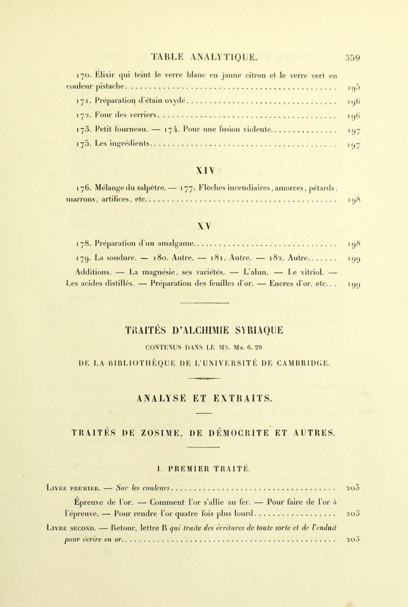 170. Elixir qui teint le verre blanc en jaune citron et le verre vert en couleur pistache 171. Préparation d’étain oxydé . . uj(i 172. Four des verriers U)ti 173. Petit fourneau. — 174. Pour une fusion violente 11)7 iy5. Les ingrédients iq7 XIV 176. Mélange du salpêtre. — 177. Flèches incendiaires, amorces, pétards, marrons, artifices, etc K|<S XV 178. Préparation d’un amalgame iy8 179. La soudure. — 180. Autre. — 181. Autre. — 182. Autre 199 Additions. — La magnésie, ses variétés. — L’alun. — Le vitriol. — Les acides distillés. — Préparation des feuilles d’or. — Encres d’or, etc.. . 1 911 TilAlTÉS Ü’ALCHIMIE SYRIAQUE CONTENUS DANS LE MS. Mm. 6. 29 DE LA BIBLIOTHÈQUE DE L’üiNIVERSIT É DE CAMBRIDGE. ANALYSE ET EXTRAITS. TRAITÉS DE ZOSIME, DE DÉMOCRITE ET AUTRES. 1. PREMIER TRAITÉ. Livuk PKEMiKK. — Sur les couleurs 2ü3 Epreuve de l’or. — Comment l’or s’allie au fer. — Pour faire de l’or <à l’épreuve. — Pour rendre l’or quatre fois plus lourd 2o3 l.iviui SECOND. — Retour, lettre B </«(’ traite des écritures de toute sorte et de Venduit pour écrire en or 2o3