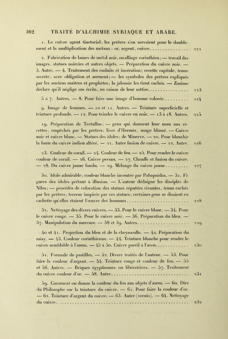 I. I.,e cuivre agent tinctorial; les prêtres s’en servaient pour le double- ment et la multiplication des métaux : or, argent, cuivre -iau 3. Fabrication de lames de métal noir, ou alliage corlntbien; — travail des images, statues noircies et autres ol)jets. — Préparation du cuivre noir. — .1. Autre. — 4. Traitement des enduits et incération; recette capitale, tenue secrète, avec obligation et serment;— les symboles des prêtres expliqués par les anciens maitres et prophètes; la jalousie les tient cachés. — Zosime déclare fpi’il néglige ces écrits, en raison de leur sottise .') à 7. Autres. — 8. Pour faire une image d’homme colorée 22/1 (). Image de femmes. — 10 et 11. Autres. — Teinture superficielle et teinture profonde. — 12. Pour teindre le cuivre en noir. — i3 à 18. Autres. 3 2.5 ic). Préparation de Tertullus; — gens qui donnent leur nom aux re- cettes, empêchés par les prêtres; livre d’Hermès, usage bLàmé. — Cuivre noir et cuivre blanc. — Statues des idoles; de Minerve. — 20. Pour blanchir la fonte du cuivre indien altéré. — 31. Autre fusion de cuivre. — 23. Autre. 22(1 2.3. Couleur de corail. — 3/1. Couleur de feu. — 3 5. Pour rendre le cuivre couleur de corail. — 26. Cuivre persan. — 37. Cbaulï'e et fusion du cuivre. — 38. Du cuivre jaune fondu. — 39. Mélange du cuivre jaune 227 00. Idole admirable ; couleur blanche inventée par Pabapnidos. — 31. Fi- gures des idoles prêtant à illusion. — L’auteur dédaigne les disciples de Mlos ; — procédés de coloration des statues réputées vivantes, tenus cachés par les prêtres; terreur inspirée par ces statues; certaines gens se disaient en cachette qu elles étalent l’œuvre des hommes 2.28 32. Nettoyage des divers cuivres. — 33. Pour le cuivre blanc. — 34. Pour le cuivre rouge. — 35. Pour le cuivre noir. — 36. Préparation du bleu. — 37. Manipulation du mercure. — 38 et 3q. Autres 239 4o et 4i. Projection du bleu et de la cbrysocolle. — 4s. Préparation du misy. — 43. Couleur corinthienne. — 44- Teinture blanche pour rendre le cuivre semldable à l’asem. — 45 à 5o. Cuivre pareil à Vaseni 280 5i. Formule de pastilles. — 52. Divers traités de l’auteur. — 53. Poui- faire la couleur d’argent. — 54. Teinture rouge et couleur de feu. — 55 et 56. Autres. — Briques égyptiennes ou libératrices. — 67. Traitement du cuivre couleur d’or. — 58. Autre 2.31 59. Comment on donne la couleur du feu aux objets d’asem. — 60. Dire du Philosophe sur la teinture du cuivre. — 61. Pour faire la couleur d’or. — 63. Teinture d’argent du cuivre. — 63. Autre (vernis). — 64. Nettoyage du cuivre 2.32