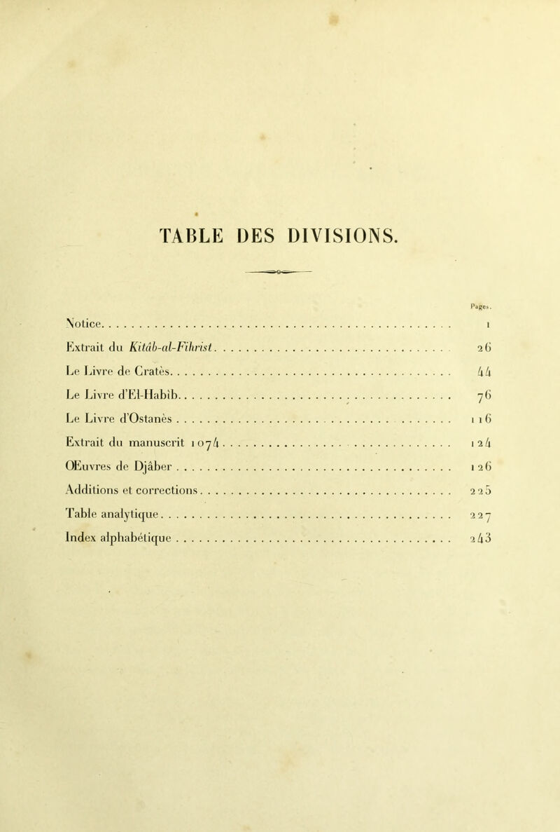TABLE DES DIVISIONS. Notice Extrait du Kitâh-al-Filirist. Le Jjivre de G ratés Le Livre d’El-Habîb Le Livre d’Ostanès Extrait du manuscrit 107/1 OEuvres de Djâber Additions et corrections . . . Table analytique Index alphabétique