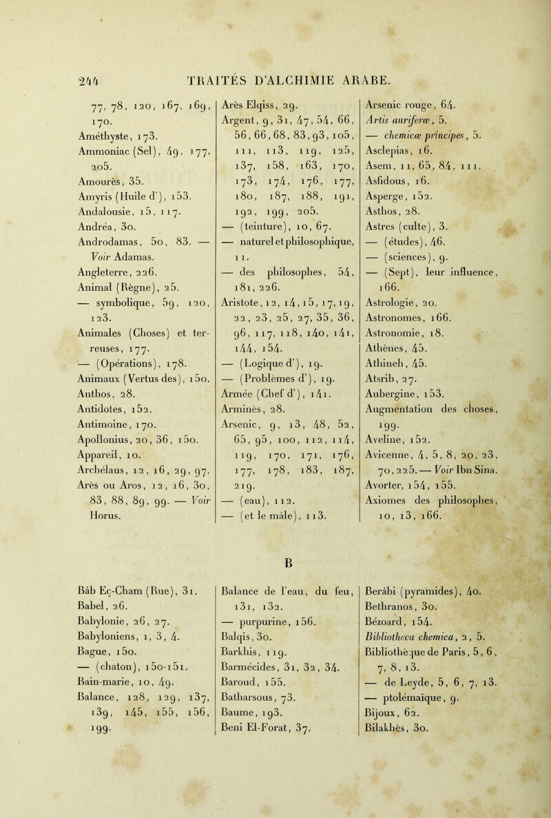 ■77, 78, 120, 167, 169, 170. Améthyste, 173. Ammoniac (Sel), 49, 177, 2o5. Amourès, 35. Amyris ( Huile d’), 153. Andalousie, i5, 117. Andréa, 3o. Androdamas, 5o, 83. — Voir Adamas. Angleterre, 226. Animal (Règne), 2 5. — symbolique, 59, 120, 123. Animales (Choses) et ter- reuses, 177. — (Opérations), 178. Animaux ( Vertus des ), 15o. Anthos, 28. Antidotes, i52. Antimoine, 170. Apollonius, 20, 36, i5o. Appareil, 10. Archélaus, 12, 16, 29, 97. Arès ou Aros, 12, 16, 3o, 83, 88, 89, 99. — Foir Horus. Bàb Eç-Cham (Rue), 3i. Babel, 26. Babyionie, 26, 27. Babyloniens, 1, 3, 4. Bague, i5o. — (chaton), i5o-i5i. Bain-marie, lo, 49. Balance, 128, 129, 187, J39, i45, i55, i56, 199- ArèsElqiss, 29. Argent, 9, 31, 47, 54, 66, 56, 66,68,83,93,io5, 111, ii3, 119, 125, 187, i58, i63, 170, 178, 174, 176, 177, 180, 187, 188, 191, 192, 199, 2o5. — (teinture), 10, 67. — naturel et philosophique, 11. — des philosophes, 54, 181, 226. Aristote,12, i4,i5, 17,19, 22, 23, 25, 27, 35, 36, 96, 117, 118, i4o, i4i, i44, i54. — (Logique d’), 19. — (Problèmes d’), 19. Armée (Chefd’), i4i. Armiiiès, 28. Arsenic, 9, i3, 48, 52, 65, 95, 100, 112, 114, 119, 170, 171, 176, 177, 178, i83, 187, 219. — (eau) ,112. — (et le mâle), 113. B Balance de l’eau, du feu, i3i, 182. — purpurine, i56. Balqis, 3o. Barkhis, 119. Barmécides, 3i, 82, 34. Baroud, i55. Batharsous, 78. Baume, 198. Béni El-Forat, 87. Arsenic rouge, 64- Artis anriferæ, 5. — chemicæ principes, b. Asclepias, 16. Asem, 11, 65, 84, 111. Asfidous, 16. Asperge, 182. Asthos, 28. Astres (culte), 3. — (études), 46. — (sciences), 9. — (Sept), leur influence, 166. Astrologie, 20. Astronomes, 166. Astronomie, 18. Athènes, 45. Athineh, 45. Atsrib, 27. Aubergine, i53. Augmentation des choses, 199- Aiuliiie, i52. Avicenne, 4, 5, 8, 20, 23, 70,225. — Voir Ibn Sina. Avorter, i54, i55. Axiomes des philosophes, 10, i3, 166. Beràbi (pyramides), 4o. Bethranos, 3o. Bézoard, i54. Bibliotheca chemica, 2, 5. Bibliothèque de Paris ,5,6, 7, 8, i3. — de Leyde, 5, 6, 7, i3. — ptolémaïque, 9. Bijoux, 62. Bilakhès, 3o.
