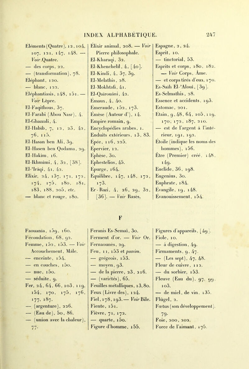 Eléments (Quatre), 12 , io4, 107, 121, 147, i48. — Voir .Quatre. — des corps, 22. — (transformation], 78. Eléphant, 120. — blanc, 122. filéphantiasis, i48, i5i.— Voir Lèpre. El-Faqithous, 87. El-Farabi (Abou Nasr), 4- ]‘i-Ghazzali, 4. El-Ilabib, 7, 12, 20, 4a, 76, 11.8. El-llasan ben Ali, 3g. El-Hasen ben Qodama, 29. El-llakim, 16. El-lkbmimi, 4, 82, [38]. El-'lràqi, 4i, 4a. Elixir, 24, 187, 171, 172, 174, 178, 180, i8i, i83, 188, 208, etc. — blanc et rouge, 180. Faouania, 189, 160. Fécondation, 68, 92. Femme, 1S2, i83. — Voir Accouchement, Mâle. — enceinte, i84. — en couches, i8o. — nue, i5o. ■— séduite, 9. Fer, 24, 64, 66, io3, 119, i54, 170, 178, 176, 177, 187. — (argenture), 226. — (Eau de), 5o , 86. — (union avec la chaleur), 11- Elixir animal, 208. — Voir Pierre philosophale. £1-Rliaraqi, 82. El-Khenchelil, 4, [4o]. El-Kindi, 4, 87, 89. El-Melathis, 28. El-Mokhtafi, 4i. El-Qaïrouâni, 4^. Emaux, 4, 4o. Emeraude, 182, 178. Emèse (Auteur d’), i4. Empire romain, 9. Encyclopédies arabes, 1. Enduits extérieurs, i3, 83. Epée, 116, 228. Epervier, 12. Ephèse, 3o. Ephestelios, 48. Epurge, 164. Equilibre, 147, i48, 172, 178. Er-Razi, 4, 26, 29, 82, [36]. — Voir Rasés. F Feranis Es-Seinaï, 3o. Ferment d’or. — Voir Or. Fernaounès, 29. Feu, 11, i83 et pcissini. — grégeois, i83. — moyen, 98. — de la pierre, 28, 216. — (variétés), 68. Feuilles métalliques, i3,80. Feux (Livre des), 124. Fiel, 178,198.— Foir Bile. Fiente, 181. Fièvre, 71, 172. — quarte, 180. Figure d’homme, 188. Espagne, 2, 24. Esprit, 10. — tinctorial, 83. Esprits et corps, 180, 182. — Voir Corps, Ame. — et corps tirés d’eux, 170. Es-Saïlî El-’Alouî, [89]. Es-Selmathis, 28. Essence et accidents, 198. Estomac, 201. Etain, 9,48, 64, 108,119, 170, 172 , 187, 2 10. — est de l’argent à l’inté- rieur, 191, 192. Étoile (indique les noms des hommes), 186. Être (Premier) créé, i.48, i4g. Euclide, 36, 198. Eugenius, 3o. Euphrate, i84- Evangile, 19, i48. Evanouissement, i84. Figures d’appareils, [49]. Fiole, 10. — à digestion, 49. Firmaments, 9, 47- — (Les sept), 47, 48. Fleur de cuivre, 112. — du sorbier, i83. Fleuve (Eau du), 97, 99, io3. — de miel, de vin, i38. Flügel, 2. Fœtus ( son développement ). 79- Foie, 200, 202. Force de l’aimant, 178.