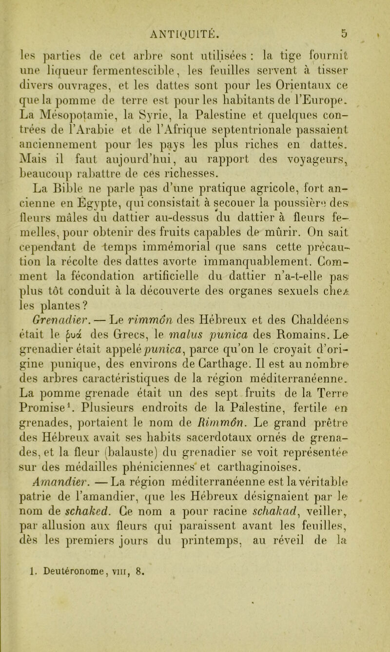 les parties de cet arbre sont utilisées : la tige fournit une liqueur fermentescible, les feuilles servent à. tisser divers ouvrages, et les dattes sont pour les Orientaux ce que la pomme de terre est pour les habitants de l’Europe. La Mésopotamie, la Syrie, la Palestine et quelques con- trées de P Arabie et de l’Afrique septentrionale passaient anciennement pour les pays les plus riches en dattes. Mais il faut aujourd’hui, au rapport des voyageurs, beaucoup rabattre de ces richesses. La Bible ne parle pas d’une pratique agricole, fort an- cienne en Égypte, qui consistait à secouer la poussière des' fleurs males du dattier au-dessus du dattier à fleurs fe- melles, pour obtenir des fruits capables de mûrir. On sait cependant de temps immémorial que sans cette précau- tion la récolte des dattes avorte immanquablement. Gom- ment la fécondation artificielle du dattier n’a-t-elle pas; plus tôt conduit à la découverte des organes sexuels che^. les plantes? Grenadier. — Le rimmôn des Hébreux et des Chaldéens était le pua des Grecs, le malus punica des Romains. Le grenadier était appelé punica, parce qu’on le croyait d’ori- gine punique, des environs de Carthage. Il est au nombre des arbres caractéristiques de la région méditerranéenne. La pomme grenade était un des sept fruits de la Terre Promise1. Plusieurs endroits de la Palestine, fertile en grenades, portaient le nom de Rimmôn. Le grand prêtre des Hébreux avait ses habits sacerdotaux ornés de grena- des, et la fleur (balauste) du grenadier se voit représentée sur des médailles phéniciennes et carthaginoises. Amandier. —La région méditerranéenne est la véritable patrie de l’amandier, que les Hébreux désignaient par le nom de schaked. Ce nom a pour racine schakad, veiller, par allusion aux fleurs qui paraissent avant les feuilles, dès les premiers jours du printemps, au réveil de la 1. Deutéronome, viii, 8.