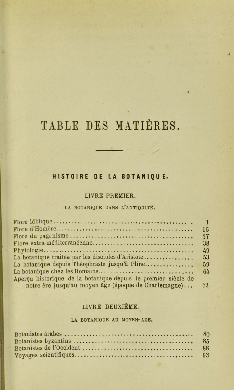 TABLE DES MATIÈRES. HISTOIRE DE LA BOTANIQU E. LIVRE PREMIER. LA BOTANIQUE DANS L’ANTIQUITÉ. Flore Biblique 1 Flore d'Homère .. 16 Flore du paganisme 27 Flore extra-méditerranéenne 38 Phytologie 49 La botanique traitée par les disciples d’Aristole 53 La botanique depuis Théophraste jusqu’à Pline 59 La botanique chez les Romains 64 Aperçu historique de la botanique depuis le premier siècle de notre ère jusqu’au moyen âge (époque de Charlemagne)... 72 LIVRE DEUXIÈME. \ LA BOTANIQUE AU MOYEN-AGE. Botanistes arabes 80 Botanistes byzantins 85 Botanistes de l'Occident 88 Voyages scientifiques 93