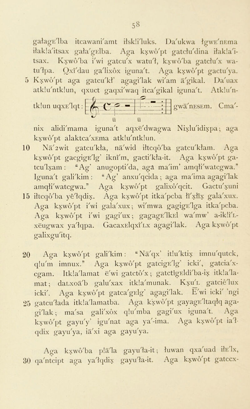 5 10 15 20 25 30 galaj^i'/lba itcawanbanit itskH'luks. Da'ukwa Ij^wi'/iiKma ilakla'itsax trata'j^iclba. Ajja kxwb'pt gatcluklina ilakla'i- tsax. Kxwb'ba i'wi yfatcu^x watibl, kxvvb'ba atclu'x wa- tu^lpa. Oxi^dau g'adixox iguna^t. A^a kxwcVpt gactu^ya. Kxwd^pt aga gatci/kl’ agagidak wi'am a'gikal. Da'uax atk!i/ntk!un, qxuct gaqxkwaq itca^gikal igunad. Atk!i/n- tkliin uqxEdqt; gwa^nESEtn. Cma'- u u nix alicli^mama iguna^t aqxe^dwagwa Nixlu'idixpa; aga kxwcVpt alaktcaAEma atk!u^ntk!un. Na^2wit gatcikHa, naVid ihcqcVba gatcu'klam. Aga kxwo^pt gacgigEdg’ iknfm, gactkkla-it. Aga kxwo^pt ga- tcudxam : “Ag’ anugoptikla, aga madm’ amqkVatcgwa.” IgLina^t gali^kim : “Ag’ anxi/qcida ; aga madma agagidak amqtiVatcgwa.” Aga kxwo^pt galixo^qcit. Gactudxuni iltcqo^ba yedqdix. Aga kxwo^pt itka^pcba tidxbx galadxux. Aga kxwo^pt i\vi galaAux; wbmwa gagigEdga itka^pcba. Aga kxwo^pt bwi gagbux; gagagEdkEl wadnw’ a-ikliA- xeiigwax yadqpa. GacaxElqxfLx agagidak. Aga kxwo'pt galixgudtq. Aga kxw(Vpt gali^kim: ‘‘Nakpx’ itlibktix imnibqutck, q!udn ininiix.” Aga kxwo'pt gatcigEdg’ icki', gatciadx- cgam. Itkladamat e'wi gatctc/x; gatctigEldbba-ix itklada- mat; daLxoa^b galibxax itkla^munak. Kxud. gatciedux ickid Aga kxwcYpt gatca'gElg’ agagidak. E\vi icki' digi gatcudada itkladamatba. Aga kxwc/pt gayagEdtaqlq aga- gidak ; ma'sa galidxbx qludiiba gagidix igunad. Aga kxwcYpt gayiby’ igudiat aga ya^-ima. Aga kxwo pt ia 1- qdix gayibya, iaAi aga gayibya. Aga kxw(Vba pla^la gayuda-it; luwan qxa iiad ilE lx, qaYtcipt aga yadqdix gayuda-it. Aga kxwb^pt gatccx-