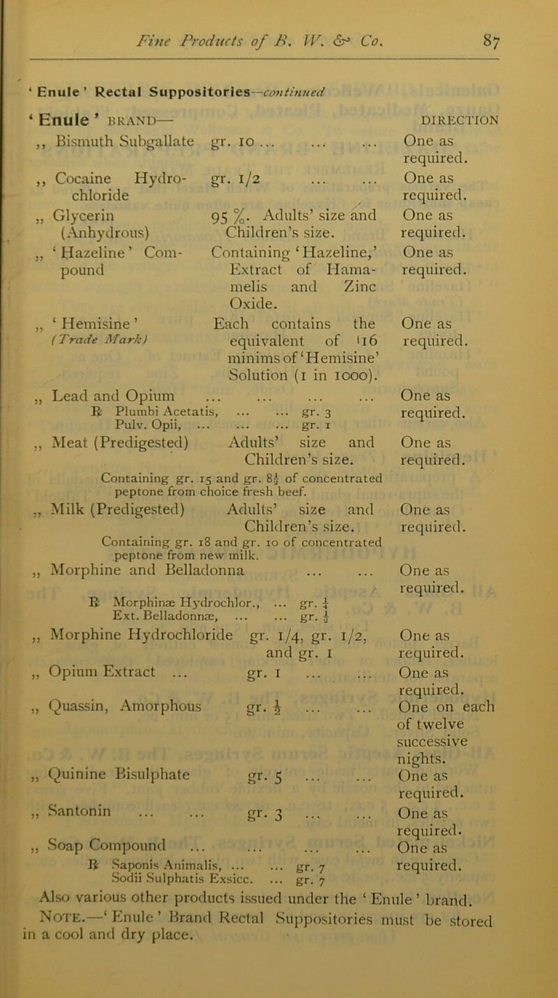 ‘Enule’ Rectal Suppositories—continued * Enule ’ BRAND— ,, Bismuth Subgallate gr. 10 ... ,, Cocaine Hydro- chloride „ Glycerin (Anhydrous) „ 1 Hazeline ’ Com- pound ‘ Hemisine ’ (Trade Mark) gr- 1/2 95 %. Adults’ size and Children’s size. Containing ‘Hazeline,’ Extract of Hama- melis and Zinc Oxide. Each contains the equivalent of '16 minims of ‘Hemisine’ Solution (1 in 1000). „ Lead and Opium R Plumbi Acetatis, gr. 3 Pulv. Opii, gr. 1 ,, Meat (Predigested) Adults’ size and Children’s size. Containing gr. 15 and gr. 83 of concentrated peptone from choice fresh beef. ., Milk (Predigested) Adults’ size and Children’s size. Containing gr. 18 and gr. 10 of concentrated peptone from new milk. „ Morphine and Belladonna Ii Morphinae Hydrochlor., ... gr. 5 Ext. Belladonna, gr. £ DIRECTION One as required. One as required. One as required. One as required. One as required. One as required. One as required. One as required. One as required. Morphine Hydrochloride gr. 1/4. gr. 1/2, One as and gr. 1 required. Opium Extract ... gr- 1 One as required. Quassin, Amorphous gr- 4 One on each of twelve successive nights. Quinine Bisulphate gr- 5 One as required. Santonin gr- 3 One as required. Soap Compound One as R Saponis Animalis, gr. 7 Sodii Sulphatis Exsicc. ... gr. required. in Also various other products issued under the ‘ Enule ’ brand. Note.—‘ Enule ’ Brand Rectal Suppositories must be stored a cool and dry place.