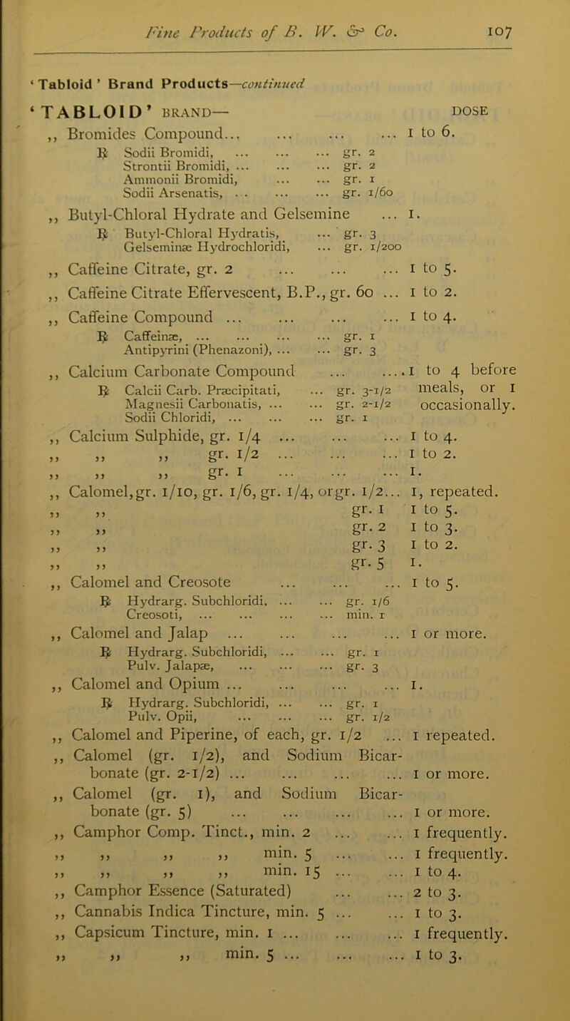 ‘ Tabloid ’ Brand Products—continued ‘TABLOID’ BRAND— ,, Bromides Compound... B Sodii Bromidi, Strontii Bromidi, .. Ammonii Bromidi, Sodii Arsenatis, . ... gr. 2 ... gr. 2 ... gr. i ... gr. 1/60 DOSE to 6. ,, Butyl-Chloral Hydrate and Gelsemine ... 1. B Butyl-Chloral Hydratis, ... gr. 3 Gelseminae Hydrochloridi, ... gr. 1/200 ,, Caffeine Citrate, gr. 2 1 to 5. ,, Caffeine Citrate Effervescent, B.P., gr. 60 ... 1 to 2. 9 9 9 9 9 9 99 9 9 9 9 99 99 99 9 9 9 9 9 J J > 9 9 9) >) 9 9 ) J ) > J 9 9 9 99 Caffeine Compound ... ... ... ... 1 to 4. IJ: Caffeinae, gr. x Antipyrini (Phenazoni), gr. 3 Calcium Carbonate Compound ... .... 1 to 4 before B Calcii Carb. Prmcipitati, ... gr. 3-1/2 meals, or I Magnesii Carbonatis, gr. 2-1/2 occasionally. Sodii Chloridi, gr. 1 Calcium Sulphide, gr. 1/4 ... ,, >> gr- 1/2 ,, >> gr- 1 Calomel,gr. 1/10, gr. 1/6, gr. 1/4, orgr. 1/2... ,, gr- 1 „ gr- 2 » gr- 3 ,> gr- 5 Calomel and Creosote B; Hydrarg. Subchloridi, Creosoti, gr. 1/6 min. 1 Calomel and Jalap B Hydrarg. Subchloridi, Pulv. Jalap®, Calomel and Opium ... B Hydrarg. Subchloridi, Pulv. Opii, ... gr. 1 ... gr. 3 ... gr. 1 ... gr. 1/2 Calomel and Piperine, of each, gr. 1/2 Calomel (gr. 1/2), and Sodium Bicar- bonate (gr. 2-1/2) ... Calomel (gr. 1), and Sodium Bicar- bonate (gr. 5) Camphor Comp. Tinct., min. 2 ,, >, min. 5 „ ,, y 9 min. 15 Camphor Essence (Saturated) Cannabis Indica Tincture, min. 5 ... Capsicum Tincture, min. 1 ... 1 to 4. 1 to 2. 1. 1, repeated. 1 to 5. 1 to 3. 1 to 2. 1. I to 5. i or more. 1. 1 repeated. 1 or more. I or more. I frequently. I frequently. 1 to 4. 2 to 3. I to 3. 1 frequently.