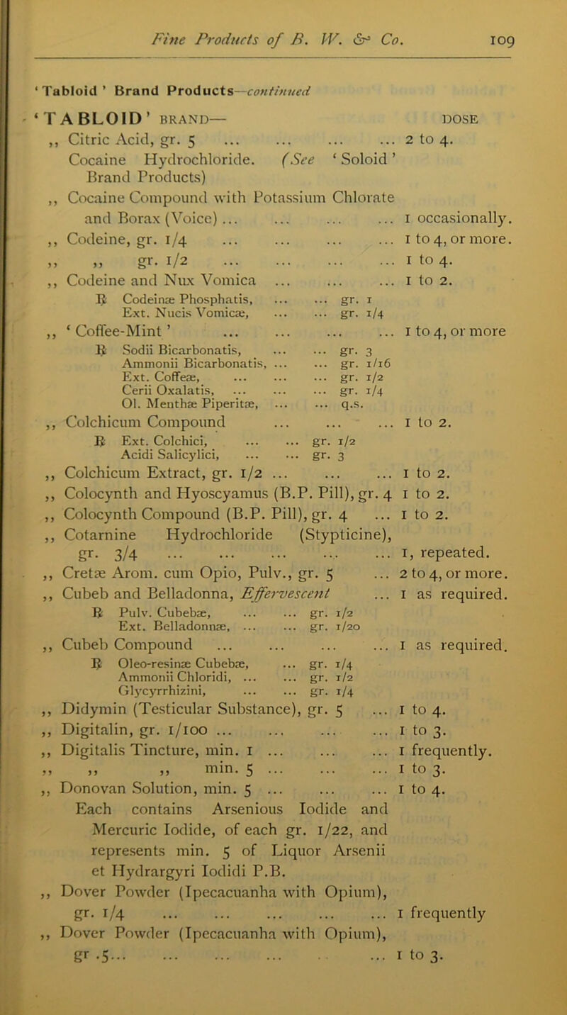 ‘Tabloid’ Brand Products— continued ‘TABLOID’ BRAND— ,, Citric Acid, gr. 5 Cocaine Hydrochloride. (See ‘ Soloid ’ Brand Products) ,, Cocaine Compound with Potassium Chlorate and Borax (Voice) ... ,, Codeine, gr. 1/4 >> „ gr. 1/2 ,, Codeine and Nux Vomica R Codeina Phosphatis, ... gr. 1 Ext. Nucis Vomicae, ... gr. 1/4 ,, ‘Coffee-Mint’ R Sodii Bicarbonatis, ••• gr. 3 Ammonii Bicarbonatis, ... ... gr. 1/16 Ext. Coffea, ... gr. 1/2 Cerii Oxalatis, ... gr. 1/4 Ol. Mentha Piperitae, ... q.s. ,, Colchicum Compound R Ext. Colchici, .. gr. 1/2 Acidi Salicylici, •• gr. 3 ,, Colchicum Extract, gr. 1/2 ... ,, Colocynth and Hyoscyamus (B.P. Pill), gr. 4 ,, Colocynth Compound (B.P. Pill), gr. 4 ,, Cotarnine Hydrochloride (Stypticine), gr- 3/4 ••• ,, Crette Arom. cum Opio, Pulv., gr. 5 ,, Cubeb and Belladonna, Effervescent R Pulv. Cubeba, gr. 1/2 Ext. Belladonna gr. 1/20 ,, Cubeb Compound R Oleo-resina Cubeba, ... gr. 1/4 Ammonii Chloridi, gr. 1/2 Glycyrrhizini, gr. 1/4 ,, Didymin (Testicular Substance), gr. 5 ,, Digitalin, gr. 1/100 ... ,, Digitalis Tincture, min. 1 ... ,, 3j „ min. 5 ,, Donovan Solution, min. 5 ... Each contains Arsenious Iodide and Mercuric Iodide, of each gr. 1/22, and represents min. 5 of Liquor Arsenii et Hydrargyri Iodidi P.B. ,, Dover Powder (Ipecacuanha with Opium), gr- 1/4 ,, Dover Powder (Ipecacuanha with Opium), DOSE 2 tO 4. i occasionally. 1 to 4, or more. 1 to 4. 1 to 2. r to 4, or more 1 to 2. 1 to 2. 1 to 2. 1 to 2. 1, repeated. 2 to 4, or more. 1 as required. I as required. 1 to 4. 1 to 3. 1 frequently. 1 to 3. 1 to 4. I frequently