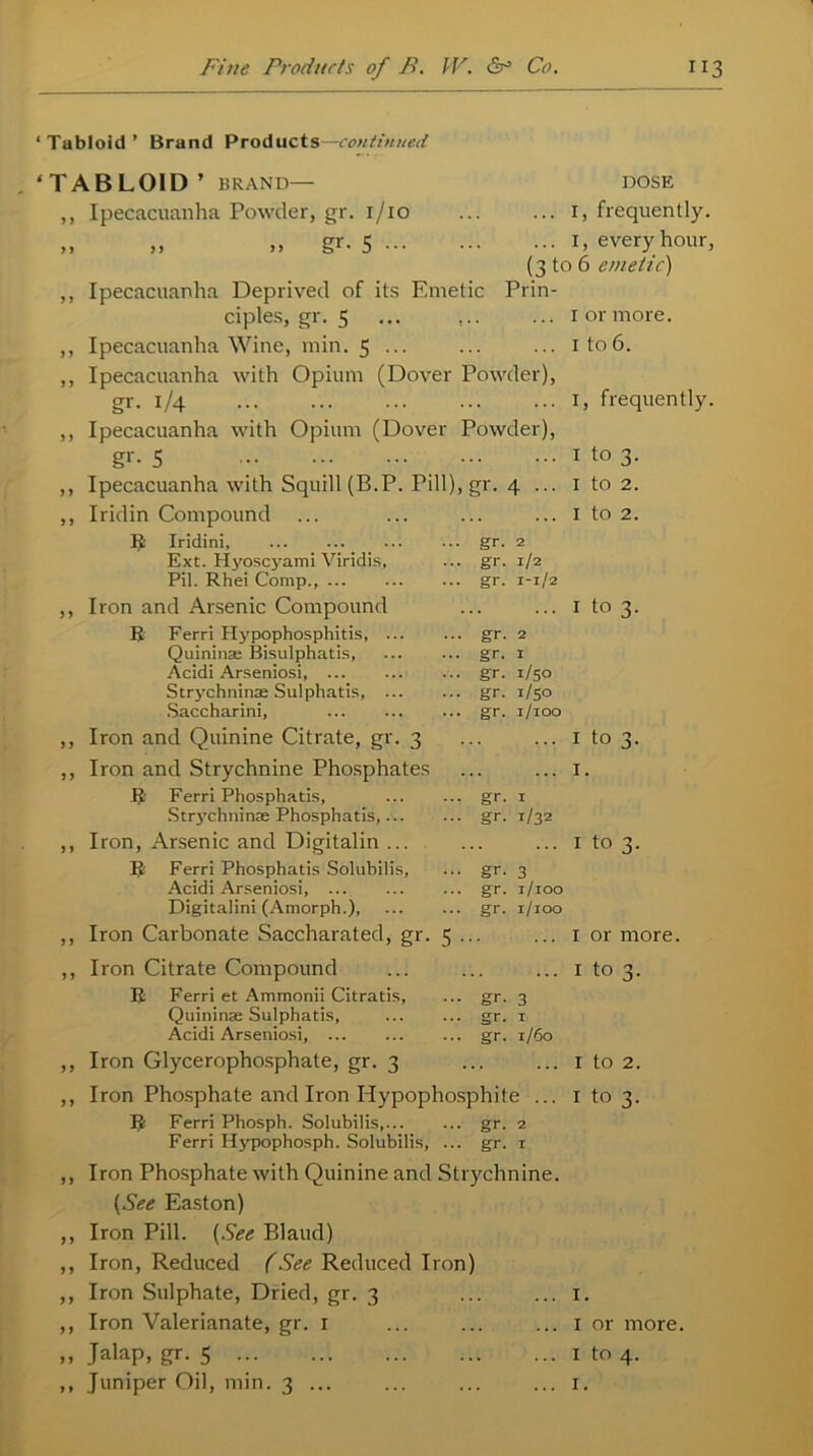 ‘Tabloid’ Brand Products—continued TABLOID ’ BRAND— DOSE ,, Ipecacuanha Powder, gr. i/io ... I, frequently. ,, ,, .» gr- 5 ••• ... 1, every hour, (3 to 6 emetic) ,, Ipecacuanha Deprived of its Emetic Prin- ciples, gr. 5 ... ... ... 1 or more. ,, Ipecacuanha Wine, min. 5 ... ... 1 to6. ,, Ipecacuanha with Opium (Dover Powder), gr- i/4 ... 1, frequently. ,, Ipecacuanha with Opium (Dover Powder), gr- 5 1 to 3. ,, Ipecacuanha with Squill (B.P. Pill), gr. 4 ... 1 to 2. ,, Iridin Compound ... 1 to 2. R Iridini gr. 2 Ext. Hyoscyami Viridis, gr. 1/2 Pil. Rhei Comp gr. 1-1/2 ,, Iron and Arsenic Compound I to 3. R Ferri Hypophosphitis • gr. 2 Quininae Bisulphatis, gr. 1 Acidi Arseniosi gr. 1/50 Strychninae Sulphatis, gr. 1/50 Saccharini, gr. r/100 ,, Iron and Quinine Citrate, gr. 3 I to 3. ,, Iron and Strychnine Phosphates I. R Ferri Phosphatis, gr. 1 Strychninae Phosphatis, gr. 1/32 ,, Iron, Arsenic and Digitalin ... i to 3. R Ferri Phosphatis Solubilis, gr. 3 Acidi Arseniosi, . gr. 1/100 Digitalini (Amorph.), gr. 1/100 ,, Iron Carbonate Saccharated, gr. 5 ... r or more. ,, Iron Citrate Compound 1 to 3. R Ferri et Ammonii Citratis, gr- 3 Quininae Sulphatis, gr. 1 Acidi Arseniosi, gr. 1/60 ,, Iron Glycerophosphate, gr. 3 ... I to 2. ,, Iron Phosphate and Iron Hypophosphite ... 1 to 3. R Ferri Phosph. Solubilis gr. 2 Ferri Hypophosph. Solubilis, .. gr. 1 ,, Iron Phosphate with Quinine and Strychnine. (See Easton) ,, Iron Pill. (See Bland) ,, Iron, Reduced (See Reduced Iron) ,, Iron Sulphate, Dried, gr. 3 I. ,, Iron Valerianate, gr. 1 ... I or more. ,, Jalap, gr. 5 1 to 4.