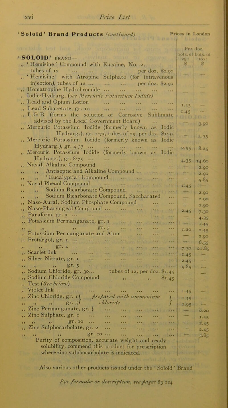 ‘Soloid’ Brand Products (continued) Prices in London Eucaine, No. 2, per doz. $2.90 Sulphate (for intravenous per doz. $2.90 SOLOID ’ BRAND— ,, ‘ Hemisine ’ Compound with tubes of 12 ,, ‘Hemisine’ with Atropine injection), tubes of 12 ... ,, Ilomatropine Ilydrobromide ,, Iodic-Hydrarg. (see Mercuric Potassium Iodide) ,, Lead and Opium Lotion „ Lead Subacetate, gr. 10 ,, L.G.B. (forms the solution of Corrosive Sublimate advised by the Local Government Board) ,, Mercuric Potassium Iodide (formerly known as Iodic Hydrarg.), gr. 175, tubes of 25, per doz. 81-95 ,, Mercuric Potassium Iodide (formerly known as Iodic Hydrarg.), gr. 4 37 ,, Mercuric Potassium Iodide (formerly known as Iodic Hydrarg.), gr. 8-75 ,, Nasal, Alkaline Compound ,, ,, Antiseptic and Alkaline Compound ,, ,, ‘ Eucalyptia ’ Compound ,, Nasal Phenol Compound ,, ,, Sodium Bicarbonate Compound „ ,, Sodium Bicarbonate Compound, Saccharated ,, Naso-Aural, Sodium Phosphate Compound ,, Naso-Pharyngeal Compound ... ,, Paraform, gr. 5 ,, Potassium Permanganate, gr. 1 .. ,. gr. 5 ,, Potassium Permanganate and Alum ,, Protargol, gr. 1 ... .. gr. 4 1, Scarlet Ink ,, Silver Nitrate, gr. 1 .. ,, ,, gr. 5 „ Sodium Chloride, gr. 30 ,, Sodium Chloride Compound ,, Test (See below) ,, Violet Ink ,, ZincChloride.gr. 1) prepared with ammonium ,, „ „ gr. 5! chloride f ,, Zinc Permanganate, gr. J ,, Zinc Sulphate, gr. 1 „ „ ,, gr. 10 ... ,, Zinc Sulphocarbolate, gr. 2 gr. 10 Purity of composition, accurate weight and ready solubility, commend this product for prescription where zinc sulphocarbolate is indicated. tubes of 12, per doz. 81.45 .. ». ) Per doz. hots, of l>ots. of 25 : 100 : 8 •3* —r—, — — ! — 1.45 — 1-45 — 3*9° 4-35 2-55 8.25 4-35 14.60 — 2.90 — 2.90 — 5-85 1-45 — 2.90 2.90 2.90 2.45 7-30 —. 4-35 — r-45 1.20 2-45 — 2.90 —- 6-55 7-3° 21.85 1.45 — 2.45 — 5-85 — —- . — 1-45 i-45 — I r-95 — — 2.20 r-45 2-45 ' 2-45 5-S5 Also various other products issued under the ‘ Soloid ’ Brand