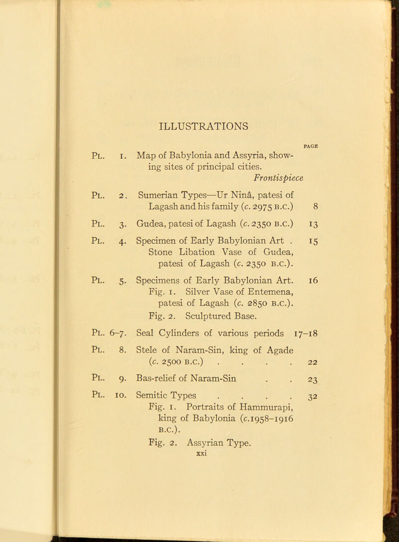 ILLUSTRATIONS PAGE Pl. 1. Map of Babylonia and Assyria, show- ing sites of principal cities. Frontispiece Pl. 2. Sumerian Types—Ur Nina, patesi of Lagash and his family (c. 2975 b.c.) Pl. 3- Gudea, patesi of Lagash (c. 2350 b.c.) Pl. 4- Specimen of Early Babylonian Art . Stone Libation Vase of Gudea, patesi of Lagash (c. 2350 b.c.). Pl. 5- Specimens of Early Babylonian Art. Fig. 1. Silver Vase of Entemena, patesi of Lagash (c. 2850 B.c.). Fig. 2. Sculptured Base. 8 13 15 16 Pl. 6-7- Pl. 8. Pl. 9- Pl. 10. Seal Cylinders of various periods 17-18 Stele of Naram-Sin, king of Agade (c. 2500 b.c.) .... 22 Bas-relief of Naram-Sin . . 23 Semitic Types .... 32 Fig. 1. Portraits of Hammurapi, king of Babylonia (c. 1958-1916 B.C.). Fig. 2. Assyrian Type,