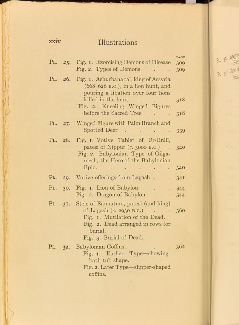 PAGE Pl. 25- Fig. 1. Exorcising Demons of Disease 309 Fig. 2. Types of Demons 309 Pl. 26. Fig. 1. Ashurbanapal, king of Assyria (668-626 B.C.), in a lion hunt, and pouring a libation over four lions killed in the hunt 318 Fig. 2. Kneeling Winged Figures before the Sacred Tree 318 Pl. 27. Winged Figure with Palm Branch and Spotted Deer .... 339 Pl. 28. Fig. 1. Votive Tablet of Ur-Enlil, patesi of Nippur (c. 3000 B.c.) Fig. 2. Babylonian Type of Gilga- 340 mesh, the Hero of the Babylonian Epic. ..... 340 Pl. 29. Votive offerings from Lagash . 341 Pl. 30. Fig. 1. Lion of Babylon 344 Fig. 2. Dragon of Babylon 344 Pl. 3i. Stele of Eannatum, patesi (and king) • of Lagash (c. 2930 b.c.) 360 Fig. i. Mutilation of the Dead. Fig. 2. Dead arranged in rows for burial. Fig. 3. Burial of Dead. Pl. 32. Babylonian Coffins.... 362 Fig. 1. Earlier Type—showing bath-tub shape. Fig. 2. Later Type—slipper-shaped coffins.