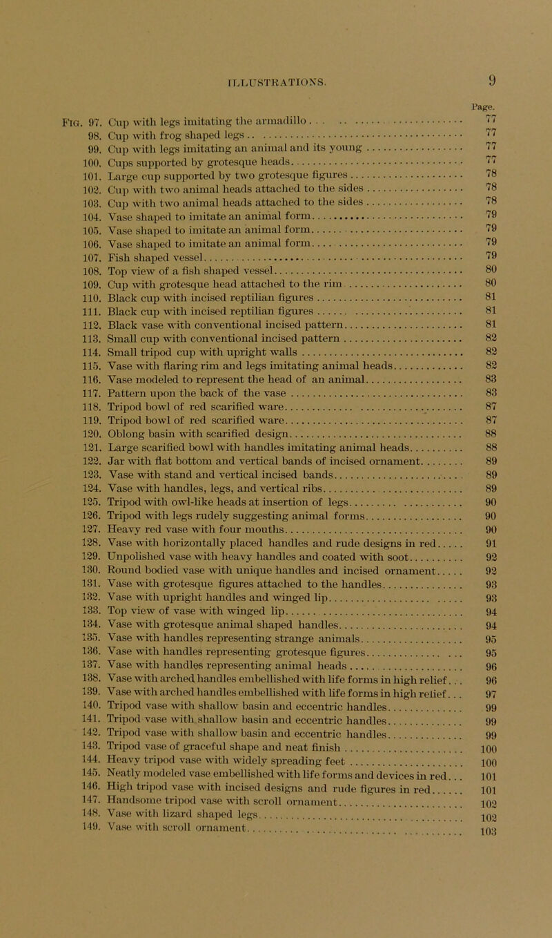 Page. F’lG. 97. Cup with legs imitating the armadillo 77 98. Cup with frog shaped legs 99. Cup with legs imitating an animal and its young 77 100. Cups supported by grotesque heads 77 101. Large cup supported by two grotesque figures 78 102. Cup with two animal heads attaclied to the sides 78 103. Cup with two animal heads attached to the sides 78 104. Vase shaped to imitate an animal form 79 105. Vase shaped to imitate an animal form 79 106. Vase shaped to imitate an animal form 79 107. Fish shaped vessel 108. Toj} view of a fish sha^ied vessel 80 109. Cup with grotesque head attached to the rim 80 110. Black cup with incised reptilian figures 81 111. Black cup with incised reptilian figures 81 112. Black vase with conventional incised pattern 81 113. Small cup with conventional incised pattern 82 114. Small tripod cup with upright walls 82 115. Vase with fiaring rim and legs imitating animal heads 82 116. Vase modeled to represent the head of an animal 83 117. Pattern upon the back of the vase 83 118. Ti’ipod bowl of red scarified ware 87 119. Tidpod bowl of red scarified ware 87 120. Oblong basin with scarified design 88 121. Large scarified bowl with handles imitating animal heads 88 122. Jar with fiat bottom and vertical bands of incised ornament 89 123. Vase with stand and vertical incised bands 89 124. Vase with handles, legs, and vertical ribs 89 125. Ti’ipod with owl-like heads at insertion of legs 90 126. Ti-ipod with legs rudely suggesting animal forms 90 127. Heavy red vase with four mouths 90 128. Vase with horizontally placed handles and rude designs in red 91 129. Unpolished vase with heavy handles and coated with soot 92 130. Round bodied vase with unique handles and incised ornament 92 131. Vase with gi-otesque figures attached to the handles 93 132. Vase with upright handles and winged lip 93 133. Top view of vase with winged lip 94 134. Vase with grotesque animal shaped handles 94 135. Vase with handles representing strange animals 95 136. Vase with handles representing gi-otesque figures 95 137. Vase with handles representing animal heads 96 138. Vase with arched handles embellished with life forms in high relief... 96 139. Vase with arched handles embellished with life forms in high relief... 97 140. Ti-ipod vase with shallow basin and eccentric handles 99 141. Ti-ipod vase with shallow basin and eccentric handles 99 142. Tripod vase with shallow basin and eccentric handles 99 143. Ti-ipod vase of gi-aceful shape and neat finish 100 144. Heavy tripod vase with widely spreading feet 100 145. Neatly modeled vase embellished with life forms and devices in red... 101 146. High tripod vase with incised designs and rude figures in red 101 147. Handsome tripod vase with scroll ornament 102 148. Vase with lizard shaped legs ^02 149. VTise with .scroll ornament in-?