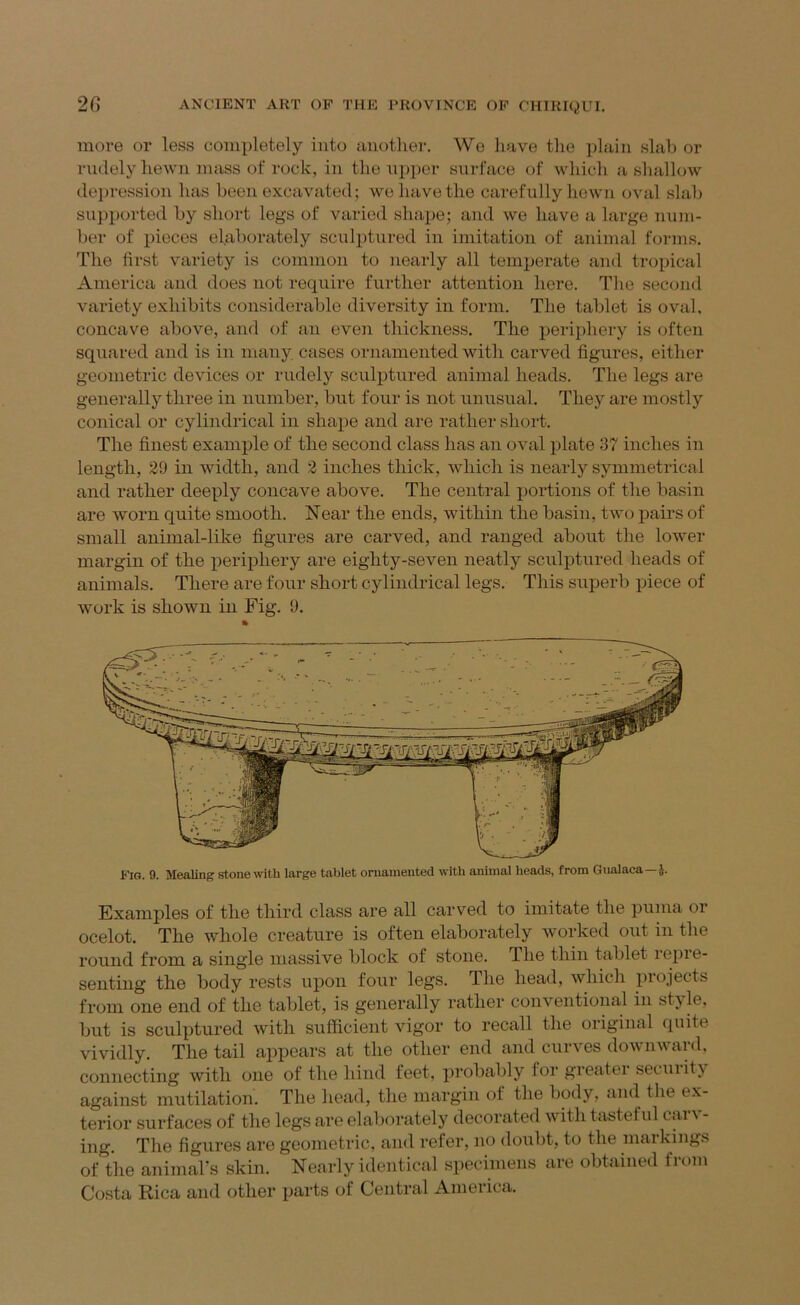 more or less completely into iinother. Wo Imve the plain slab or nulely hoAvn mass of rock, in the npiior surface of which a sliallow depression has been excavated; woliavethe carefully hewn oval slab supported by short legs of varied shape; and we have a large num- ber of pieces elaborately sculptured in imitation of animal forms. The first variety is common to nearly all temperate and tropical America and does not require further attention here. The second variety exhibits considerable diversity in form. The tablet is oval, concave above, and of an even thickness. The periphery is often squared and is in many cases ornamented with carved figures, either geometric devices or rudely sculptured animal heads. The legs are generally three in number, but four is not unusual. They are mostly conical or cylindrical in shape and are rather short. The finest example of the second class has an oval plate 37 inches in length, 29 in width, and 2 inches thick, which is nearly symmetrical and rather deeply concave above. The central portions of the basin are worn quite smooth. Near the ends, within the basin, two pairs of small animal-like figures are carved, and ranged about the lower margin of the periphery are eighty-seven neatly sculptured heads of animals. There are four short cylindrical legs. This superb piece of work is shown in Fig. 9. Examples of the third class are all carved to imitate the puma or ocelot. The whole creature is often elaborately worked out in the round from a single massive block of stone. The thin tablet repie- senting the body rests upon four legs. The head, which pi ejects from one end of the tablet, is generally rather conventional in style, but is sculptured with sufiicient vigor to recall the original quite vividly. The tail appears at the other end and curves downward, connecting with one of the hind feet, jirobably for greater secuiity against mutilation. The head, the margin of the body, and the ex- terior surfaces of the legs are elaborately decorated with tasteful carv- ing, The figures are geometric, and refer, no doubt, to the markings of the animal’s skin. Nearly identical specimens are obtained from Costa Rica and other parts of Central America.