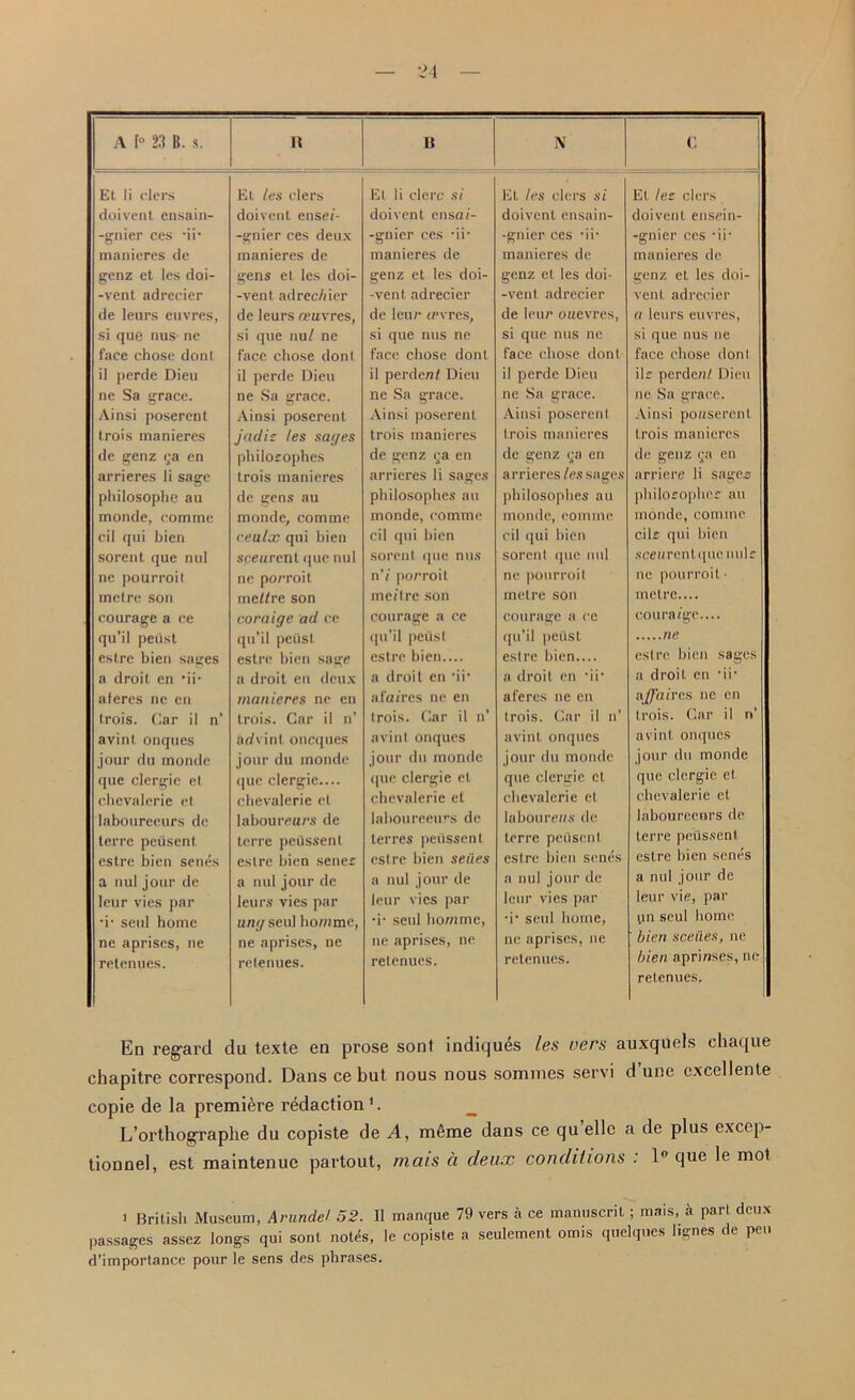 El li clerc si El les clers si Et li clers doivent ensain- -gnier ces -ii- manieres de genz et les doi- -vent adrecier de leurs euvres, si que nuS' ne face chose dont il perde Dieu ne Sa grace. Ainsi poserent trois manieres de genz ^a en arrieres li sage philosophe au monde, com me cil qui bien sorent que nul ne pour roil metre son courage a ce qu’il peiisl eslrc bien sages a droit en ii a feres ne en trois. Car il n’ avint onques jour du monde que clergie et chcyalerie et laboureeurs de terre peiisent estre bien senes a nul jour de leur vies par •i- seul home ne aprises, ne retenues. Et les clers doivent enset- -gnier ces deux manieres de gens et les doi- -vent adrec/iier de leurs o?avres, si que nu/ ne face chose dont il perde Dieu ne Sa grace. Ainsi poserent jadiz les sages philosophes trois manieres de gens au monde, comme ceulx qui bien seen rent que nul ne po/Toit me//re son coraige acl ce qu’il peiist estre bien sage a droit en deux manieres ne en trois. Car il n’ arfvint oneques jour du monde que clergie.... cheyalerie el laboureurs de terre peiissent estre bien senes a nul jour de leurs vies par ung seul howme, ne aprises, ne retenues. doivent ensai- -gnier ces ii- manieres de genz et les doi- -vent adrecier de leur ifvres, si que ntis ne face chose dont il perden/ Dieu ne Sa grace. Ainsi poserent trois manieres de genz i;a en arrieres li sages philosophes au monde, comme cil qui bien sorent que mis n’/ porroit me/tre son courage a ce qu’il peiist estre bien.... a droit en -ii* afaires ne en trois. Car il n’ avint onques jour du monde que clergie et ehevalerie et laboureeurs de terres peiissent estre bien seiies a nul jour de leur vies par ■r seul homme, ne aprises, ne relenues. doivent ensain- -gnier ces -ii- manieres de genz el les doi- -vent adrecier de leur ouevres, si que inis ne face chose dont il perde Dieu ne Sa grace. Ainsi poserent trois manieres de genz <;a en arrieres les sages philosophes au monde, comme cil qui bien sorent (pie nul ne pourroit metre son courage a ce qu’il peiist estre bien.... a droit en ii- a feres ne en trois. Car il n’ avint onques jour du monde que clergie et ehevalerie et labourers de terre peiisent estre bien senes a nul jour de leur vies par •i‘ seul home, ne aprises, ne retenues. Et les clers doivent ensein- -gnier ces ‘ii- manieres de genz et les doi- vent adrecier a leurs euvres, si que nus ne face chose dont il; perde;)/ Dieu ne Sa grace. Ainsi potiserent trois manieres de genz 5a en arriere li sages philosophe; au monde, comme cils qui bien Sceurentque nul; ne pourroit- metre.... eoura/ge.... ne estre bien sages a droit en -ii- affaires ne en trois. Car il n’ avint onques jour du monde que clergie et ehevalerie et laboureeurs de terre peiissent estre bien senes a nul jour de leur vie, par im seul home bien sceiies, ne bien aprinses, ne relenues. En regard du texte en prose sont indiques les vers auxquels ehaque chapitre correspond. Dans ce but nous nous sommes servi d une cxcellente copie de la premiere redaction1. _ L’orthographe du copiste de A, mfime dans ce qu ellc a de plus excep- tionnel, est maintenuc partout, mats a deux conditions : 1° que le mot 1 British Museum, Arundel 52. Il manque 79 vers a ce manuscrit; mais, a part deux passages assez longs qui sont notes, le copiste a seulement omis quelques hgnes de pet. d’importance pour le sens des phrases.