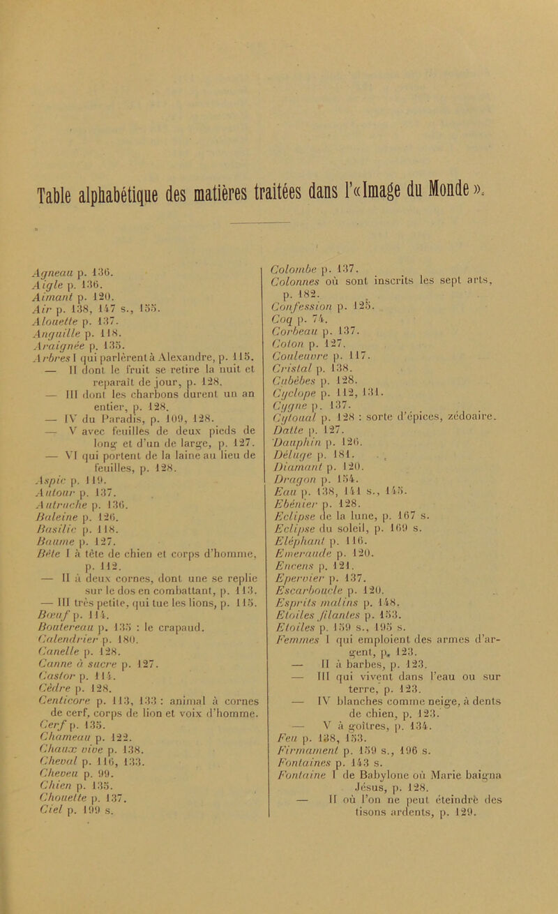 Agneaa p. 136. Aigle p. 136. Airnant p. 120. Air p. 138, 147 s., loo. Alouette p. 137. Angaille p. 118. Araignee p. 133. Arbres\qui parlerentk Alexandre, p. 118. — II dont ie fruit se retire la nuit et reparait de jour, p. 128. — Ill dont les charbons durenl un an entier, p. 128. — IV du Paradis, p. 100, 128. — V avec feuilles de deux pieds de long et d’un de large, p. 127. — VI qui portent de la laine au lieu de feuilles, p. 128. Aspic p. 110. Aiitour p. 137. Autruche p. 136. Baleine p. 126. Basilic p. 118. Baurne p. 127. Bide I a tete de chien et corps d’homme. p. 112. — II a deux cornes, dont une se replie sur le dos en combattant, p. 113. — Ill tres petite, qui tue les lions, p. 113. Bceuf p. 114. Boutereau p. 135 : le crapaud. Calendrier p. 180. Canelle p. 128. Canne it sucre p. 127. Castor p. 114. Ceil re p. 128. Centicore p. 113, 133: animal a cornes de cerf, corps de lion et voix d’homme. Cerf p. 135. Chameau p. 122. Chalice vice p. 138. Cheoal p. 116, 133. Cheveu p. 00. Chien p. 135. Chouelte p. 137. Ciel p. 100 s. Coloinbe p. 137. Colonnes oil sonl inscrits les sept arts, p. 182. Confession p. 125. Coq p. 74. Corbeau p. 137. Colon p. 127. Couleuore p. 117. Crista/ p. 138. Cubebes p. 128. Cgclope p. 112, 131. Cggne p. 137. Cgtoual p. 128 : sorte d’epices, zedoaire. Dalle p. 127. Dauphin p. 126. Deluge p. 181. Diamant p. 120. Dragon p. 134. Eau p. 138, 141 s., 143. Ebenier p. 128. Eclipse de la lune, p. 167 s. Eclipse du soleil, p. 160 s. Elephant p. 116. Emeraucle p. 120. Encens p. 121. Epervier p. 137. Escarboucle p. 120. E sprits vial ins p. 148. Eloiles filant.es p. 133. Etoiles p. 130 s., 195 s. Femmes 1 qui emploient des armes d’ar- gent, p. 123. — II a barbes, p. 123. — Ill qui vivent dans I’eau ou sur terre, p. 123. — IV blanches eomine neige, a dents de chien, p. 123. — V a g-oitres, p. 134. Feu p. 138, 153. Firmament p. 159 s., 106 s. Fontaines p. 143 s. Fontaine 1 de Babylone oil Marie baigna Jesus, p. 128. — II ou Ton ne peut, eteindrfe des tisons ardents, p. 129.