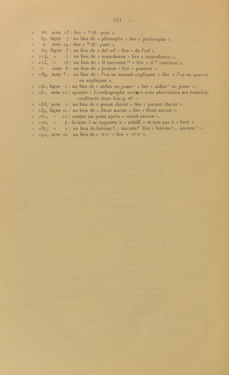 « 86, note /o’: lire « l;1 /?: puel ». » 8y, ligne 7: au lieu de « phiosoplie » lire « phtVosopke ». » » note 2<) : lire « 2u B : puel ». >» U2, ligne J: au lieu de « del cef » lire « de I’cef ». » 114, » 3 : au lieu de « monohcros » lire « mono/heros ». » //J, » 1//: au lieu de « il cuevrent12 » 1 ire.« il 12 oucvrent ». » » note 6: au lieu de « pewent » lire « pe«eent ». •• /3r), note *: au lieu de « /’0/1 ne saurait expliquer » lire « Van ne saurail en expliquer ». » //to, ligne 1 : au lieu de « aidier ne jouer1 » lire « aidier ' ne jouer ». •> , note 12 : ajouter « L’orlhographe malere sans abrevialion est loutclciis confirmee deux Ibis p. 87 ». » /53, note c: au lieu de « puent cheoir » lire « pueent cheoir ».  i5ij, ligne 20: au lieu de « Dont aucnn » lire « Dont aucun ». « 161, » / 2 : rnettre un point a pres « seroit oscure ». » /70, » 4: la note J se rapporte a « soleill » et non pas a « haul ». » t8j, » 2: au lieu tie lairons :t... aucuns2 lire « lairons2... aucuns ■' ». >1 itj2, note 20 au lieu de « •vc‘ » lire « -vi'c' ».