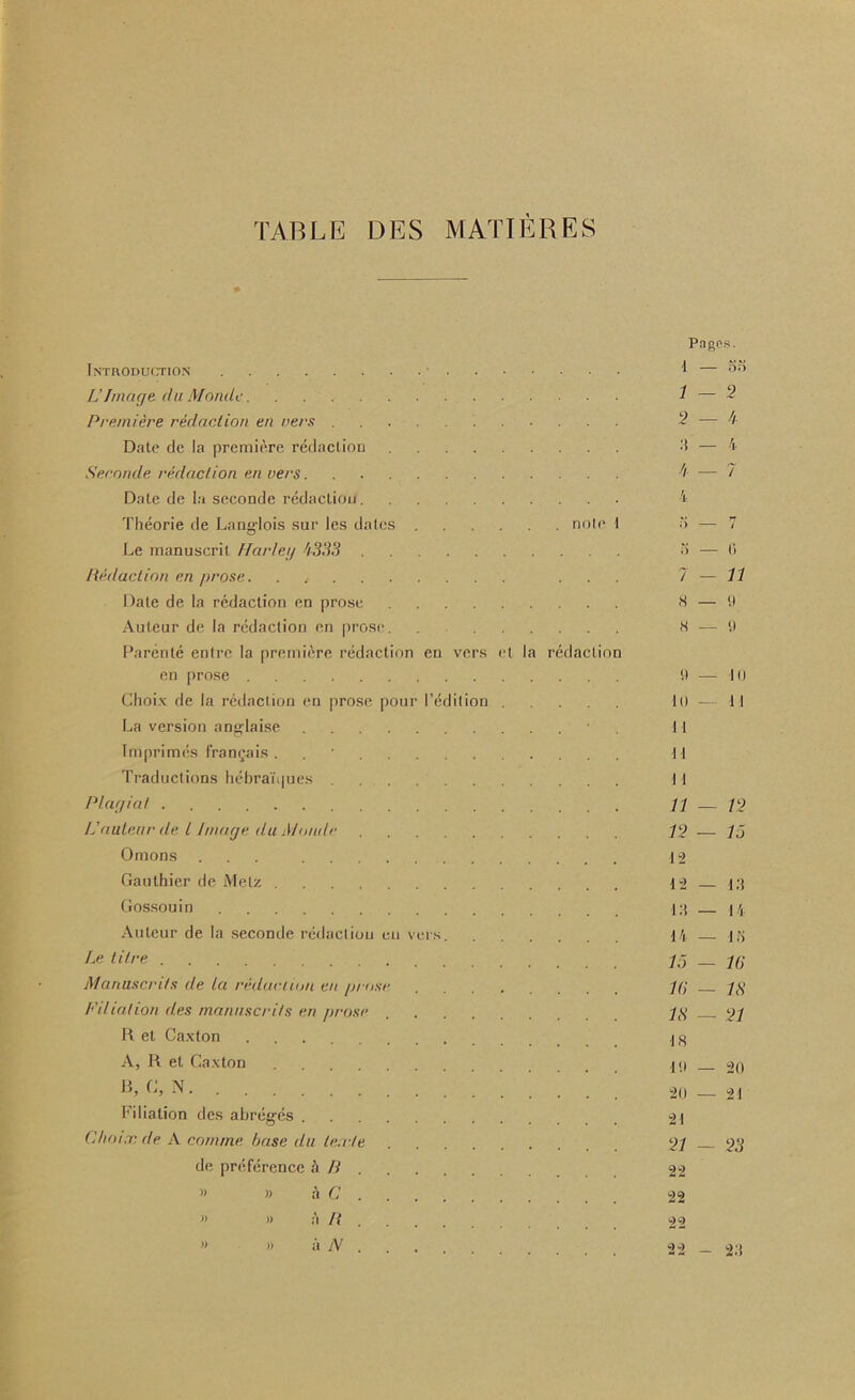 TABLE DES MATIERES ♦ Introduction L’Image cla Monde Premiere redaction en vers . Date de la premiere redaction Semnde redaction en vers. Date de la seconde redaction. Theorie de Lang-lois sur les date Le manuscrit Harley h-333 . Redaction en prose. , Date de la redaction en prose Auteur de la redaction en prose Parente entre la premiere redaction en prose . Choix de la redaction en prose poui La version anglaise Tmprimes IVanrais . Traductions hebrai'ques Play i at L'auteur de l Image da Monde Omons ... Gauthier de Metz . Gossouin .... Auteur de la seconde redaction eu v Le tit re Manuscri/s de la redaction en prost Filiation ties manascri/s en prose R et Caxton A, R et Caxton 13, G, N Filiation des abreg-es . Chotx.de A comrne base tin te.rte de preference 3 B » » a C . » » a It . » » a JV . en le lit ion CIS vers t la redaction noli Pages. 1 — on 1 — 2 2 — // — 4 // — 7 4 o — 7 , — (5 7-77 8 — (.) 8 — 9 9 — 1(1 It) — 11 II 11 1 1 77 — 12 12 — 15 1-2 12 — Cl 13 — 14 14 — IS 15 — 16 16 — 7 <S’ 18 — 21 18 19 — 20 20 — 21 21 21 - 23 22 22 22