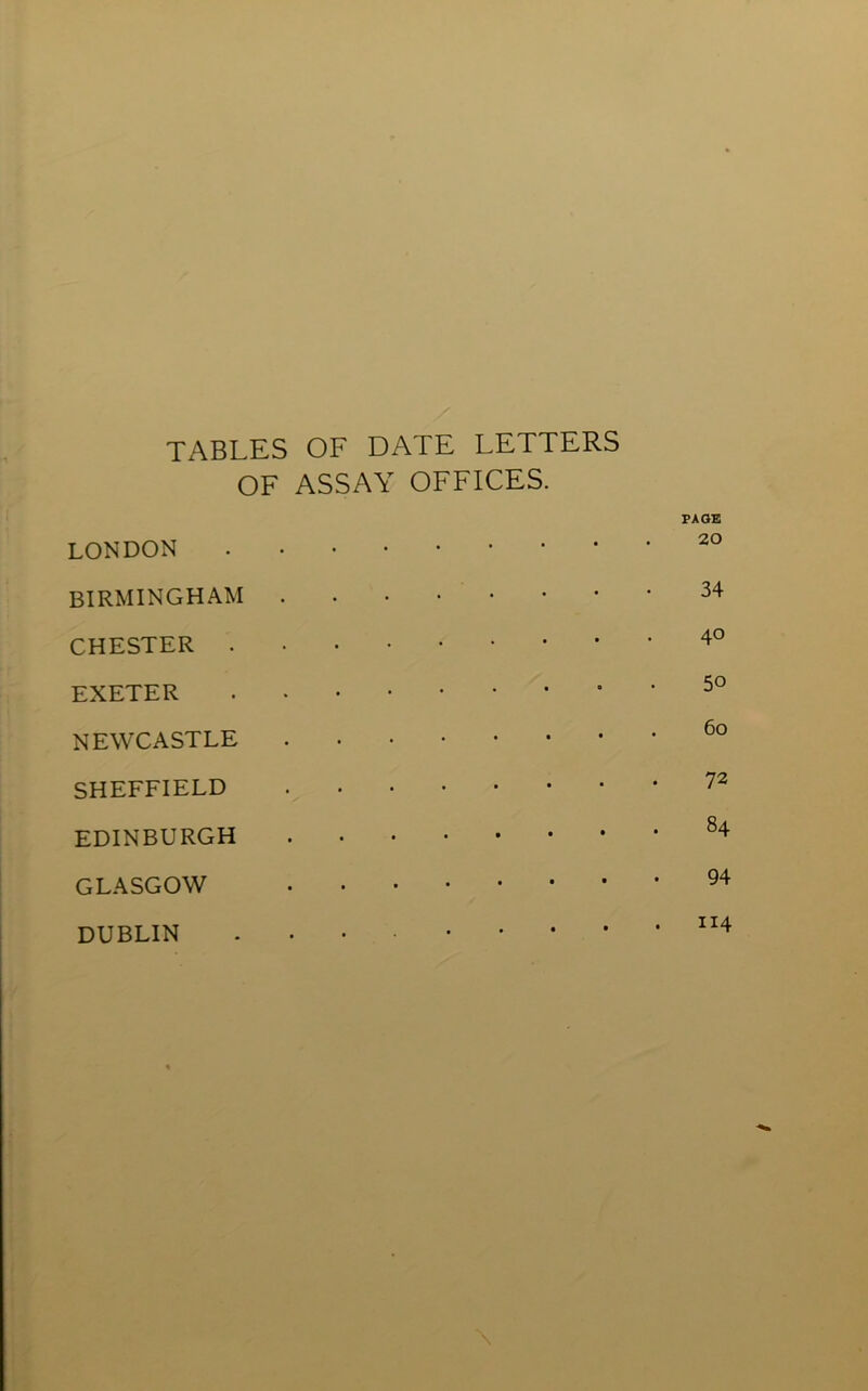 TABLES OF DATE LETTERS OF ASSAY OFFICES. LONDON BIRMINGHAM CHESTER EXETER NEWCASTLE SHEFFIELD EDINBURGH GLASGOW PAGE 20 34 40 5o 60 72 84 94 114 DUBLIN
