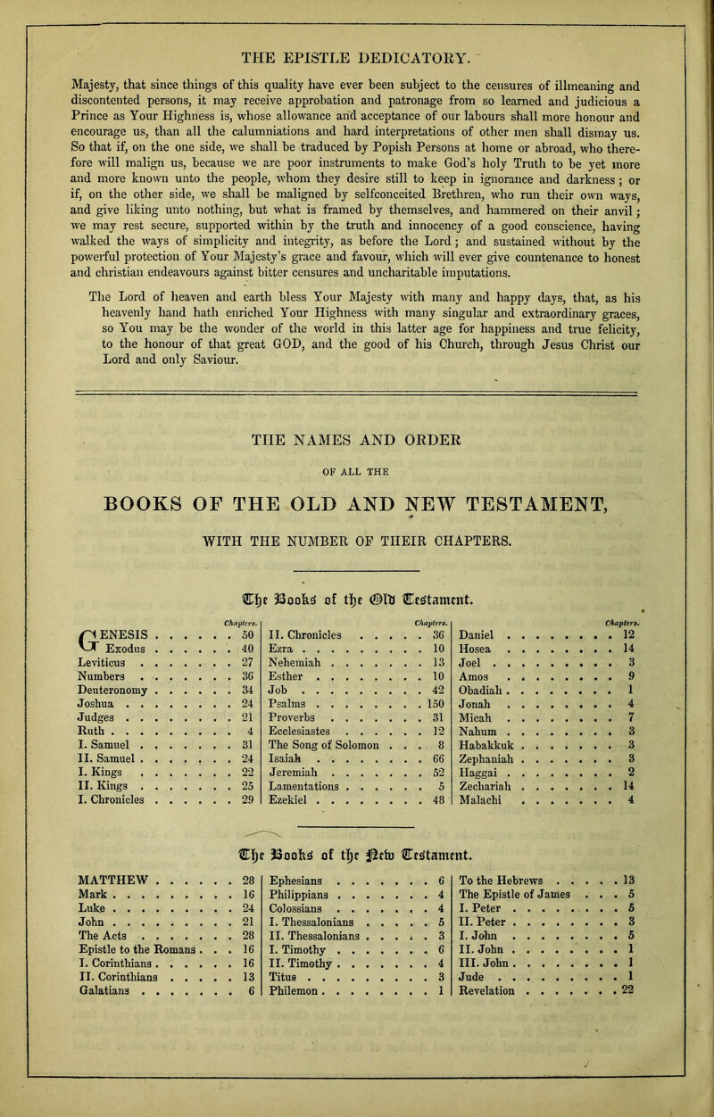 THE EPISTLE DEDICATORY. ' Majesty, that since things of this quality have ever been subject to the censures of illmeaning and discontented persons, it may receive approbation and patronage from so learned and judicious a Prince as Your Highness is, whose allowance and acceptance of our labours shall more honour and encourage us, than all the calumniations and hard interpretations of other men shall dismay us. So that if, on the one side, we shall he traduced by Popish Persons at home or abroad, who there- fore will malign us, because we are poor instruments to make God’s holy Truth to be yet more and more known unto the people, whom they desire still to keep in ignorance and darkness; or if, on the other side, we shall be maligned by selfconceited Brethren, who run their own ways, and give liking unto nothing, but what is framed by themselves, and hammered on their anvil; we may rest secure, supported within by the truth and innocency of a good conscience, having walked the ways of simplicity and integrity, as before the Lord; and sustained without by the powerful protection of Your Majesty’s grace and favour, which will ever give countenance to honest and Christian endeavours against bitter censures and uncharitable imputations. The Lord of heaven and earth bless Your Majesty with many and happy days, that, as his heavenly hand hath enriched Your Highness with many singular and extraordinary graces, so You may be the wonder of the world in this latter age for happiness and true felicity, to the honour of that great GOD, and the good of his Church, through Jesus Christ our Lord and only Saviour. THE NAMES AND ORDER OF ALL THE BOOKS OF THE OLD AND NEW TESTAMENT, WITH THE NUMBER OF THEIR CHAPTERS. J300&S of tlje ©III Cc^tamrnt. Chapters. Genesis so Exodus 40 Leviticus 27 Numbers 36 Deuteronomy 34 Joshua 24 Judges 21 Ruth 4 I. Samuel 31 II. Samuel 24 I. Kings 22 II. Kings 25 I. Chronicles 29 Chapters. II. Chronicles 36 Ezra 10 Nehemiah 13 Esther 10 Job 42 Psalms 150 Proverbs 31 Ecclesiastes 12 The Song of Solomon ... 8 Isaiah 66 Jeremiah 52 Lamentations 5 Ezekiel 48 Chapters. Daniel 12 Hosea 14 Joel 3 Amos 9 Obadiah 1 Jonah . 4 Micah 7 Nahum 3 Habakkuk 3 Zephaniah 3 Haggai 2 Zechariah 14 Malachi 4 MATTHEW Mark Luke John The Acts Epistle to the Romans . . . I. Corinthians II. Corinthians Galatians of t^c jSth) Ctjitamnit. 28 16 24 21 28 16 16 13 6 Ephesians . . Philippians . . Colossians . . I. Thessalonians II. Thessalonians I. Timothy . . II. Timothy . . Titus .... Philemon. . . 6 To the Hebrews .... 4 The Epistle of James . . 4 I. Peter 5 II. Peter 3 I. John 6 II. John 4 III. John 3 Jude 1 Revelation 13 5 5 3 5 1 1 1 22