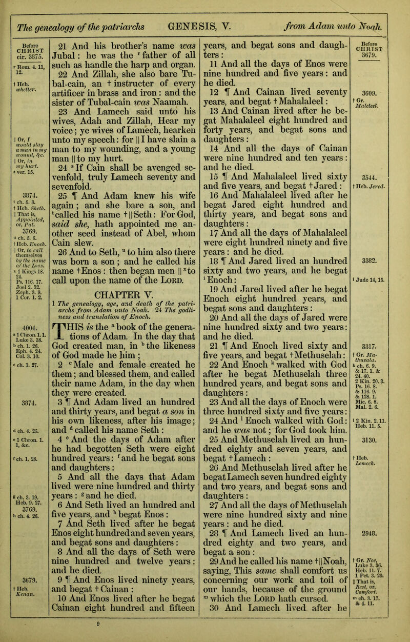 Before CHRIST cir. 3875. r Rom. 4.11, 12. t rieb. wketter* II Or, r would slay amaninmy woundi ^‘C. II Or, Ui my hurt. s ver. 15. 3874. t ch. 6. 3. t Hcb. Sheth. II That is, Appointed^ or, Put. 3769. u ch. 5. C. t iicb. Knosh. II Or, to call themselves by the name Of'the Lord. » 1 Kings 18. 24. Ps. UQ. 17. Joel 2. 32. Zeph. 3. 9. 1 Cor. 1. 2. 4004. “ICIiron.l. 1. Luke 3. 38. b ch. 1. 26. Eph. 4. 24. Col. 3. 10. c ch. 1. 27. 3874. d ch. 4. 25. «1 Chron. 1. 1, &c. fch. 1.28. K ch. 3.19. Hcb. 9. 27. 3769. h ch. 4. 26. 3679. t Ilcb. Kenan. 21 And his brother’s name ivas Jubal: he was the father of all such as handle the harp and organ. 22 And Zillah, she also bare Tu- bal-cain, an t instmeter of every artificer in brass and iron: and the sister of Tubal-cain tvas Naamah. 23 And Lamech said unto his wives, Adah and Zillah, Hear my voice; ye Avives of Lamech, hearken unto my speech; for 1| I have slain a man to my wounding, and a young man || to my hurt. 24 “ If Cain shall be avenged se- venfold, truly Lamech seventy and sevenfold. 25 IF And Adam knew his wife again; and she bare a son, and ‘called his name t||Seth: For God, said she, hath appointed me an- other seed instead of Abel, whom Cain slew. 26 And to Seth, to him also there was bora a son; and he called his name tEnos : then began men ||’'to caU upon the name of the Lord. CHAPTER V. 1 The genealogy, age, and death of the patri- archs from Adam unto Noah. 24 The godli- ness and translation of Enoch. This is the “ book of the genera- tions of Adam. In the day that God created man, in ‘’the likeness of God made he him; 2 “Male and female created he them; and blessed them, and called their name Adam, in the day when they were created. 3 IF And Adam lived an hundred and thirty years, and begat a son in his OAra likeness, after his image; and ^ called his name Seth : 4 ® And the days of Adam after he had begotten Seth were eight hundred years: ‘and he begat sons and daughters: 5 And all the days that Adam lived were nine hundred and thirty years: ® and he died. 6 And Seth lived an hundi’ed and five years, and begat Enos: 7 And Seth lived after he begat Enos eight hundred and seven years, and begat sons and daughters: 8 And all the days of Seth were nine hundi*ed and twelve years: and he died. 9 IF And Enos lived ninety years, and begat t Cainan : 10 And Enos lived after he begat Cainan eight hundred and fifteen years, and begat sons and daugh- ters : 11 And all the days of Enos were nine hundred and five years: and he died. 12 IF And Cainan lived seventy years, and begat t Mahalaleel: 13 And Cainan lived after he be- gat Mahalaleel eight hundi’ed and foi-ty years, and begat sons and daughters: 14 And all the days of Cainan were nine hundred and ten years: and he died. 15 IF And Mahalaleel lived sixty and five years, and begat t Jared: 16 And Mahalaleel lived after he begat Jared eight hundred and thirty years, and begat sons and daughters: 17 And all the days of Mahalaleel were eight hundred ninety and five years: and he died. 18 IF And Jared lived an hundred sixty and two years, and he begat ‘ Enoch: 19 And Jared lived after he begat Enoch eight hundred years, and begat sons and daughters: 20 And all the days of Jared were nine hundred sixty and two years: and he died. 21 IF And Enoch lived sixty and five years, and begat tMethuselah: 22 And Enoch walked ^rtth God after he begat Methuselah three hundred years, and begat sons and daughters: 23 And all the days of Enoch were three hundred sixty and five years: 24 And ‘ Enoch walked Avith God: and he was not; for God took him. 25 And Methuselah lived an hun- dred eighty and seven years, and begat t Lamech: 26 And Methuselah lived after he begat Lamech seven hundred eighty and two years, and begat sons and daughters: 27 And all the days of Methuselah were nine hundred sixty and nine years : and he died. 28 IF And Lamech lived an hun- dred eighty and two years, and begat a son : 29 And he called his name +||Noah, saying. This same shall comfort us concerning our work and toil of our hands, because of the ground Avhich the Lord hath cursed. 30 And Lamech lived after he Before CHRIST 3679. 3609. tGr. Malcleel. 3544. t Heb. Jered. 3382. i Jude 14,15. 3317. t Gr. Ma- thusala. k ch. 6. 9. & 17.1. & 24. 40. 2 Kin. 20.3. Ps. 16. 8. & 116. 9. & 128.1. Mic. 6. 8. Mai. 2. 6. 1 2 Kin. 2.11. Heb. 11. 5. 3130. t Heb. Lemcch. 2948. t Gr. Koe, Luke 3. 36. Heb. n. 7. 1 PeL 3. 20. II That is, Rest, or, Comfort, m ch. 3.17. & 4. 11.