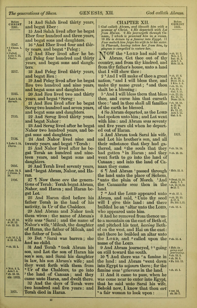 The generations of Sheni. GENESIS, XII. God calleth Ahram. Before CHRIST 2-281. 2-2-17. n 1 Chron. 1. 19. 0 Called, Luke 3. 35, Vhalcc. mi. 2185. P Luke 3. 35, Sarttch. 2155. 21-26. 1 Luke 3. 31, 2'hara. 2056. r Josh. 24. 2. 1 Chron. 1. 26. 1906. s ch. 17.15. & 20.12. t ch. 22. 20. o ch. 16.1, 2. & 18.11,12. w ch. 12. L s Nch. 9. 7. Acts 7. 4. y ch. 10.19. cir. 1923. 1921. 14 And Salah lived thirty years, and begat Eber: 1.5 And Salah lived after he begat Eber four hundred and three years, and begat sons and daughters. 1(3 A^d Eber lived four and thir- ty years, and begat Peleg: 17 And Eber lived after he be- gat Peleg four hundi’ed and thii-ty years, and begat sons and daugh- ters. 18 And Peleg lived thh'ty years, and begat Reu: 19 And Peleg lived after he begat Reu two hundred and nine years, and begat sons and daughters. 20 And Reu lived two and thirty yeare, and begat Seing: 21 And Reu lived after he begat Serug two hundred and seven years, and begat sons and daughters. 22 And Serug lived tliirty years, and begat Nahor: 23 And Serug lived after he begat Nahor two hundred years, and be- gat sons and daughters. 24 And Nahor lived nine and twenty year’s, and begat ’ Terah: 25 And Nahor lived after he be- gat Terah an hundred and nuie- teen years, and begat sons and daughters. 26 And Terah lived seventy years, and ’■ begat Abram, Nahor, and Ha- I’an. 27 1 Now these are the genera- tions of Terah: Terah begat Abram, Nahor, and Haran; and Haran be- gat Lot. 28 And Haran died before his father Terah in the land of his nativity, in Ur of the Chaldees. 29 And Abram and Nahor took them rvives: the name of Abram’s wife was ® Sarai; and the name of Nahor’s rvife, * Milcah, the daughter of Haran, the father of Milcah, and the father of Iscah. 30 But “ Sarai was barren; she had no child. 31 And Terah ^took Abram his son, and Lot the son of Haran his son’s son, and Sai’ai his daughter in law, his son Abram’s wife; and they went forth with them from ’‘Ur of the Chaldees, to go into y the land of Canaan; and they came unto Haran, and dwelt there. 32 And the days of Terah were two hundred an(i five years: and Terah died in Haran. CHAPTER XII. 1 God calleth Abram, and blesseth him loith a promise of Christ. 4 He departeth with Lot from Haran. 6 He journeyeth through Ca- naan, 7 which 24- promised hhn in a vision. 10 He is driven by a famine into Egypt. 11 Fear maketh him feign his wife to be his sister. 14 Pharaoh, having taken her from him, by plagues is compelled to restore her. Before CHRIST 1921. NOW the ‘‘Lord had said unto Abram, Get thee out of thy country, and from thy kindred, and fi’om thy father’s house, mito a laud that I Avill shew thee: 2 '’And 14vill make of thee a gi’eat nation, “and I Avill bless thee, and make thy name great; ‘'and thou shalt be a blessing: 3 •’And I will bless them that bless thee, and curse him that curseth thee: ^and in thee shall aU families of the earth be blessed. 4 So Abram departed, as the Lord had spoken imto him; and Lot went with him: and Abram ivas seventy and five years old when he depart- ed out of Haran. 5 And Abram took Sarai his wife, and Lot his brother’s son, and aU their sitbstance that they had ga- thered, and sthe souls that they had gotten '’ in Haran; and they went fox’th to go into the land of Canaan; and into the laud of Ca- naan they came. 6 ^ And Abram ' passed through the land unto the place of Sichem, '‘unto the plain of Moreh. 'And the Canaanite loas then in the land. 7 And the Lord appeared unto Abram, and said, Unto thy seed xviU I give this land: and there biulded he an altar unto the Lord, who appeared unto him. 8 And he removed fi’om thence un- to a mountain on the east of Beth-el, and jiitched his tent, having Beth- el on the west, and Hai on the east: and there he builded an altar unto the Lord, and p called upon the name of the Lord. 9 And Abram journeyed, 11 going on stfil toward the south. 10 H And there was ■■ a famine in the land: and Abram “went doAvm into Egypt to sojoura there; for the famine ivas ‘ gi’ievous in the land. 11 And it came to pass, Avhen he was come near to enter into Egypt, that he said unto Sarai his >vife. Behold now, I know that thou art  a fair Avoman to look upon: 4 ch. 15. 7. Nch. 9. 7. Isai. 41. 2. Act8 7. 3. Hcb. 11. 8. b ch. 17. 6. & 13.13. Bout. 26. 5. 1 Kin. 3. 8. c cli. 24. 35. •> ch. 23. 4. Gal. 3. 14. e ch. 27. 29. E.-!. 23. 22. Num. 24. 9. fch. 18. 18. & 22. 18. & 26. 4. Ps. 72. 17. Acts 3. 25. Gal. 3. 8. 1921. e ch. 14. 14. h ch. 11. 31. i Heb. 11. 9. k Dent. 11.30. Judg. 7.1. 1 ch. 10.18.19. &13. 7. ch. 17. 1. n ch. 13. 1.5. & 17. 8. Ps. 105.9,11. o ch. 13. 4. P ch. 13. 4. t Heb. in going and journeying. <1 ch. 13. 3. ch. 26.1. > Ps. 105.13. t ch. 43.1. a ver. 14. ch. 26. 7.