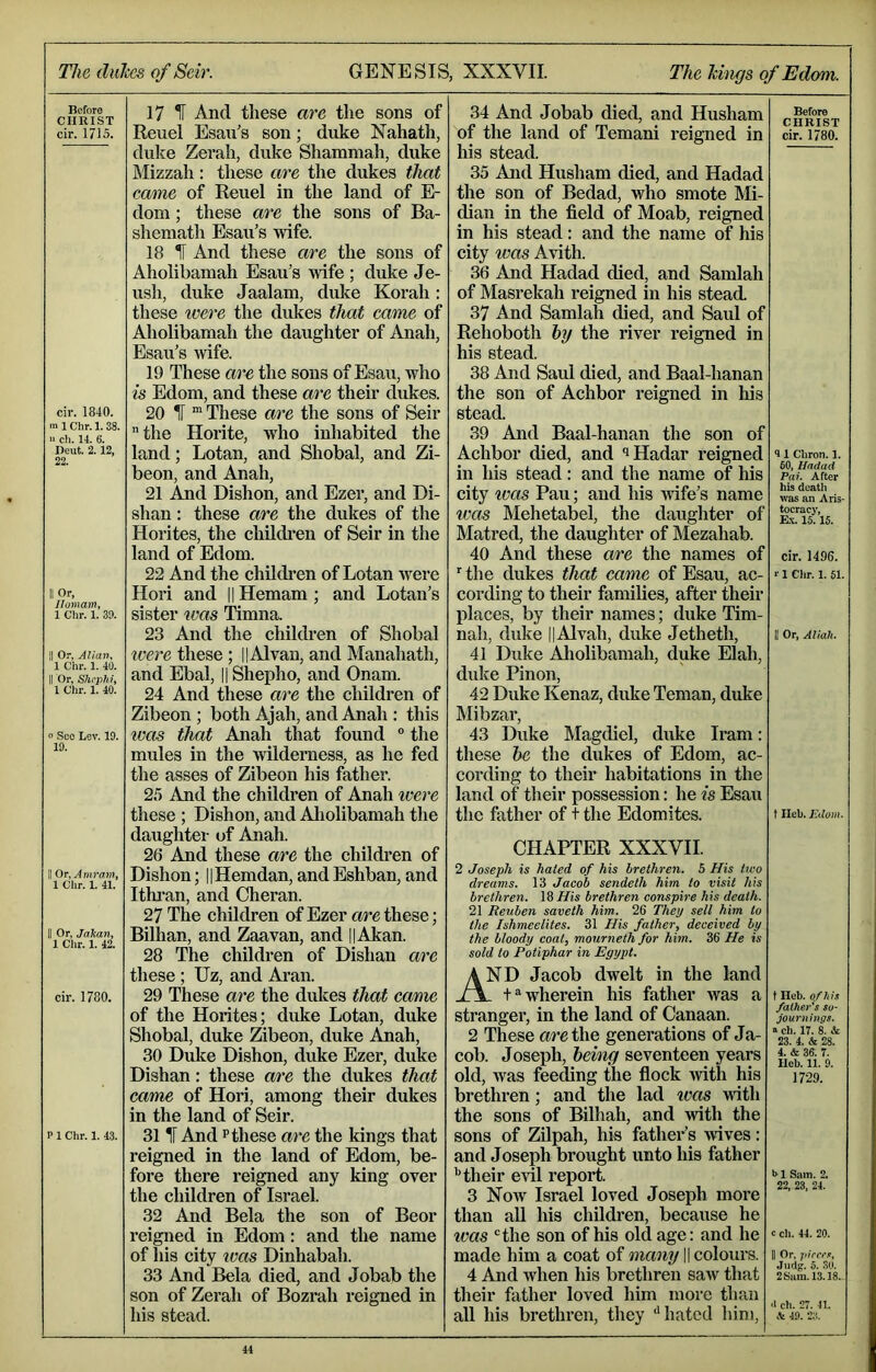 The diilces of Seir. GENESIS, XXXVII. The hhigs of Edom. Before CHRIST cir. 1715. cir. 1840. m 1 Chr. 1.38. 11 ch. 14. 6. Deut. 2.12, 22. II Or, Ilomam, 1 Chr. 1. 39. II Or, AUan. 1 Chr. 1. 40. II Or, Shcphff 1 Chr. 1. 40. 0 See Lev. 19. 19. II Or, y4 mram, 1 Chr. 1. 41. II Or, Jakan, 1 Chr. 1. 42. cir. 1780. P 1 Chr. 1. 43. 17 H And these are the sons of Reuel Esau's son; duke Nahath, duke Zerah, duke Shammah, duke Mizzah: these ewe the dukes that came of Reuel in the land of E- dom; these are the sons of Ba- shemath Esau’s wife. 18 H And these are the sons of Aholihamah Esau’s wife ; duke Je- ush, duke Jaalam, duke Korah: these were the dukes that came of Aholihamah the daughter of Anah, Esau’s wife. 19 These are the sons of Esau, who is Edom, and these are their dukes. 20 1[ “ These are the sons of Seir the Horite, who inhabited the land; Lotan, and Shobal, and Zi- beon, and Anah, 21 And Dishon, and Ezer, and Di- shan: these are the dukes of the Horites, the childi’en of Seir in the land of Edom. 22 And the children of Lotan were Hori and |1 Hemam ; and Lotan’s sister was l^mna. 23 And the children of Shobal were these ; ||Alvan, and Manahath, and Ebal, || Shepho, and Onam. 24 And these are the children of Zibeon ; both Ajah, and Anah : this was that Anah that found ” the mules in the wilderness, as he fed the asses of Zibeon his father. 25 And the children of Anah were these ; Dishon, and Aliolibamah the daughter of Anah. 26 And these are the childi*en of Dishon; HHemdan, and Eshban, and Itlu'an, and Cheran. 27 The children of Ezer are these; Bilhan, and Zaavan, and ||Akan. 28 The children of Dishan are these ; Uz, and Aran. 29 These are the dukes that came of the Horites; duke Lotan, duke Shobal, duke Zibeon, duke imah, 30 Duke Dishon, duke Ezer, duke Dishan: these are the dukes that came of Hori, among their dukes in the land of Seir. 31 IF And p these are the kings that reigned in the land of Edom, be- fore there reigned any king over the children of Israel. 32 And Bela the son of Beor reigned in Edom: and the name of his city icas Dinhabah. 33 And Bela died, and Jobab the son of Zerah of Bozrah reigned in his stead. 34 And Jobab died, and Husham of the land of Temani reigned in his stead. 35 And Husham died, and Hadad the son of Bedad, who smote Mi- dian in the field of Moab, reigned in his stead: and the name of his city was Avith. 36 And Hadad died, and Samlah of Masrekah reigned in his stead. 37 And Samlah died, and Saul of Rehoboth hy the river reigned in his stead. 38 And Saul died, and Baal-hanan the son of Achbor reigned in his stead. 39 And Baal-hanan the son of Achbor died, and ‘•Hadar reigned in his stead: and the name of liis city ivas Pau; and his wife’s name was Mehetabel, the daiighter of Hatred, the daughter of Mezahab. 40 And these are the names of the dukes that came of Esau, ac- cording to their families, after their places, by their names; duke Tim- nah, duke ||Alvah, duke Jetheth, 41 Duke Aliolibamah, duke Elah, duke Pinon, 42 Duke Kenaz, duke Teman, duke Mibzar, 43 Duke Magdiel, duke Irani: these he the dukes of Edom, ac- cortbng to their habitations in the land of their possession: he is Esau the father of t the Edomites. CHAPTER XXXVII. 2 Joseph is hated of his brethren. 5 His two dreams. 13 Jacob sendeth him to visit his brethren. 18i/is brethren conspire his death. 21 Reuben saveth him. 26 They sell him to the Ishmeelites. 31 His father, deceived by the bloody coat, mourneth for him. 36 He is sold to Potiphar in Egypt. And Jacob dwelt in the land - wherein his father ivas a stranger, in the land of Canaan. 2 These are the generations of Ja- cob. Joseph, being seventeen years old, was feeing the flock ivith his brethren; and the lad teas with the sons of Bilhah, and with the sons of Zilpah, his father’s wives: and Joseph brought unto his father ‘’their evil report. 3 Now Israel loved Joseph more than all his children, because he teas “the son of his old age: and he made him a coat of many || colours. 4 And when his brethren saw that their father loved him more than all his brethren, they ‘‘hated him. Before CHRIST cir. 1780. ‘l 1 Chron. 1. 50, Hadad Pai. After his death was an Aris- tocracy, Ex. 15.15. cir. 1496. >• 1 Clir. 1. 51. II Or, Allah. t Ilcb. Edom. t Heb. of his father's so- journings. 0 ch. 17. 8. & 23. 4. & 28. 4. & 36. 7. Hcb. 11. 9. 1729. b 1 Sam. 2. 22, 23. 24. c cli. 44. 20. II Or. jiirres, Jiidg. 5. 30. 2 Sum. 13.18. ■I ch. 27. 41. A 49. 23.
