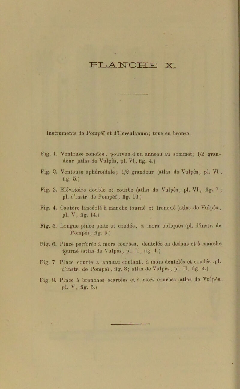 Instruments do Pompdi' et d’Horculanum; tous on bronzo. Fig. 1. Vontouse conoide, pourvuo d’un anneau au sommet; 1/2 gran- deur (atlas de Vulpes, pl. VI, fig. 4.) Fig. 2. Ventouse spheroidale ; 1/2 grandour (atlas do Vulpes, pl. VI , fig. 5.) Fig. 3. Elevatoiro doublo et courbo (atlas de Vulpes, pl. VI, fig. 7 ; pl. d'instr. do Pompei, fig. 16.) Fig. 4. Cautere lanceole h. manclie tourno et tronquo (atlas de Vulpes , pl. V, fig. 14.) Fig. 5. Longue pinee piato et coudeo, & mors obliques (pl. d'instr. do Pompei, fig. 9.) Fig. 6. Pinee perforoe k mors courbes, dontelee on dedaus et it mancho tpurne (atlas de Vulpes, pl. II, fig. 1.) Fig. 7 Pineo courte t\ anneau coulant, it mors donteles et condes pl. d'instr. do Pompei, fig. 8; atlas de Vulpos, pl. II, fig. 4.) Fig. 8. Pineo ii branchos ecarteos et it mors courbes (atlas de Vulpes,