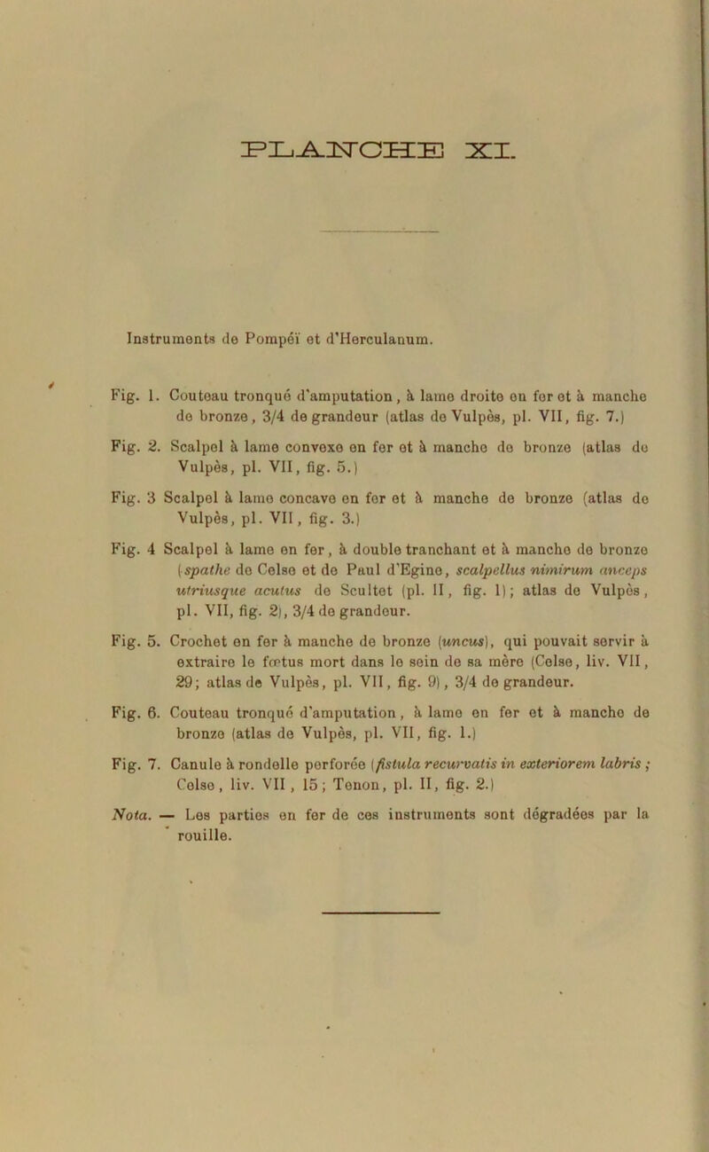 zPL^nsrciEiE zi Instruments de Pompei' et d’Herculanum. Fig. 1. Coutoau tronquo d'amputation , h lame droite en fer et a manche de bronze, 3/4 degrandeur (atlas de Vulpes, pl. VII, fig. 7.) Fig. 2. Scalpol & lame convexo en fer et h manche do bronze (atlas de Vulpes, pl. VII, fig. 5.) Fig. 3 Scalpel h lamo concave en for et h manche do bronze (atlas de Vulpes, pl. VII, fig. 3.) Fig. 4 Scalpel k lame en fer, h double tranchant et h manche de bronze (•spathe de Celse et de Paul d'Egine, scalpellus nimirum, anceps utriusque acutus de Scultet (pl. II, fig. 1); atlas de Vulpes, pl. VII, fig. 2|, 3/4 de grandeur. Fig. 5. Crochet en fer h manche de bronze {uncus), qui pouvait servir a extraire le foetus mort dans lo sein de sa mere (Celse, liv. VII, 29; atlas de Vulpes, pl. VII, fig. 9), 3/4 degrandeur. Fig. 6. Couteau tronquo d'amputation, h lamo en fer et h mancho de bronze (atlas de Vulpes, pl. VII, fig. 1.) Fig. 7. Canule k rondelle porforee (fistula recurvatis in exteriorem labris ; Celso, liv. VII , 15; Tenon, pl. II, fig. 2.) Nota. — Les parties en fer de ces instruments sont degradees par la rouille.