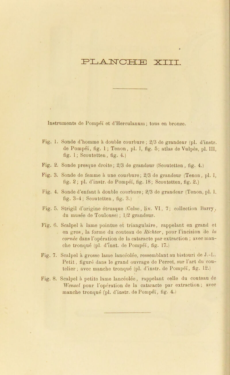 IPL-^USTCHIE XIII. Instrumonts do Pompei' ot d'Herculanum; tous en bronze. Fig. 1. Sonde d'homme & double courbure ; 2/3 de grandour (pl. d'instr. de Pompei', fig. 1; Tenon, pl. I, fig. 5; atlas de Vulpes, pl. III, fig. 1; Scoutetteu, fig. 4.) Fig. 2. Sonde presque droite; 2/3 de grandeur (Scoutetten, fig. 4.) Fig. 3. Sonde de femme h une courbure; 2/3 de grandeur (Tenon, pl. I, fig. 2; pl. d'instr. do Pompei, fig. 18; Scoutetten, fig. 2.) Fig. 4. Sonde d’enfant a double courbure; 2/3 de grandeur (Tenon, pl. 1. fig. 3-4; Scoutetten, fig. 3.) Fig. 5. Strigil d'origine etrusque iCelse, liv. VI, 7; collection Barry, du musee de Toulouse); 1/2 grandeur. Fig. G. Scalpel a lame pointue et triangulaire, rappelant en grand et en gros, la formo du couteau de Richter, pour Fincision de la cornee dans Foperation de la cataracte par extraction ; avec man- che tronque (pl. d'inst. de Pompei, fig. 17.) Fig. 7. Scalpel a grosso lame lanceolee, ressemblant au bistouri de J.-L. Petit, figure dans le grand ouvrage de Perret, sur 1'art du cou- tolier; avec manche tronque (pl. d'instr. de Pompei, fig. 12.) Fig. 8. Scalpel a petite lame lanceolee, rappelant cello du couteau de Wensel pour Foperation de la cataracte par extraction; avec manche tronque (pl. d'instr. de Pompei, fig. 4.)