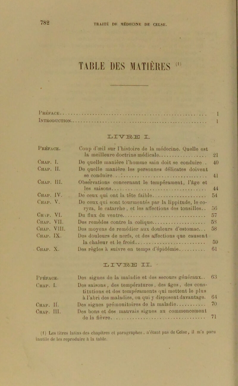 1’kkkace I Inthoduction 1 LIVRE I. Prbface. Coup d'ceil sur 1'histoiro do la medocine. Quollo est la meilleure doctrine medicale 21 Chap. 1. De quelle maniere rhorarao sain doit se conduire . 40 Chap. II. Do quelle maniere los personnos delicates doivent se conduire... 41 Chap. III. Observations concernant le temperament, Tage et los saisons 44 Chap. IV. De ceux qui ont la tete faible 54 Chap. V. Do ceux qui sont tourmentes par la lippitude, le co- ryza, le catarrho , et les aflections des tonsilles.. 50 Chvp. VI. Du (lux du ventre 57 Chap. VII. Des remedes contre la colique 58 Chap. VIII. Des moyons de remedier aux douleurs d'estomac... 58 Chap. IX. Des douleurs de norfs, et des aflections que causent la chaleur et le froid 59 Chap. X. Des regles it suivre en temps depidemie 61 XjIXTIRIE] II. 1’pepace. Des signes de la maladie et dos secours goneraux.. 68 Chap. I. Dos saisons, des temperaturos , des Sges , des cons- titutions et des temperamenta qui mettent le plus a 1‘abri des maladies, ou qui y disposent davantage. 61 Chap. II. Des signes preinonitoires de la maladie 70 Chap. III. Des bons et des mauvais signes au commencemeut de la fievre. ... 71 (I) Lcs lilres lalinsdes chapitres et paragraphes, n'dtant pas de Celse, il ra'a pani