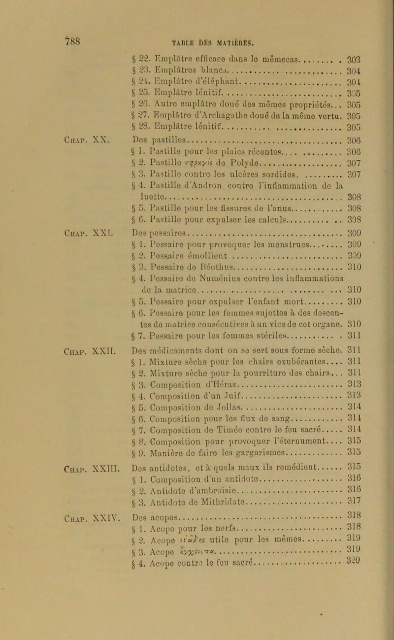 § 22. Ero pistre efficace dans lo memocas 303 § 23. Empl&tres blanca 304 § 21. Emplatre d'elephant 304 § 25. Emplfitro lcnitif 305 § 20. Autro emplatro doud dos memes proprictes... 305 § 27. Emplatro d'Archagatlio doue do la memo vertu. 305 § 28. Emplatro lcnitif 305 Chap. XX. Dos pastillos 306 § 1. Pastillo pour los plaios recentes 300 $ 2. Pastillo FQfzyls do Polydo 307 § 3. Pastillo contio los ulceres sordides 307 § 4. Pastille dWndron contro l inflammation do la luotto 308 § 5. Pastille pour I03 fissuros do Panus 308 § 0. Pastillo pour expulser los calculs 308 Chai*. XXI. Dos possaires 309 § 1. Possaire pour provoquer los menstrues... 309 § 2. Possaire emollient 309 § 3. Possairo do Pdothus 310 § 4. Possairo do Numdnius contre los inflammations do la matrice 310 § 5. Possaire pour expulser Penfant mort 310 § 0. Possairo pour les femmes sujottos h des doscen- tos do matrice eonsdeutives a un vico de cot organo. 310 § 7. Possairo pour les fommes steriles 311 Ciiap. XXII. Dos medicamcnts dont on so sert sous formo secho. 311 § 1. Mixture secho pour les chairs exuberantes.... 311 § 2. Mixturo secho pour la pourrituro dos chairs... 311 § 3. Composition d'Heras 313 § 4. Composition d‘un Juif 313 § 5. Composition de Jollas 314 § 6. Composition pour les flux de sang 314 § 7. Composition de Timeo contro le fou sacre 314 § 8. Composition pour provoquer 1'eternument.... 315 § 9. Maniore de fairo los gargarismos 315 Chap. XXIII. Dos antidotos, ct ii quels maux iis remedient 315 5 1. Composition d'un antidoto 310 § 2. Antidoto d'ambroisio 310 § 3. Antidoto de Mithridate 317 Chap. XXIV. Des acopes 318 § 1. Acope pour I03 nerfs 318 § 2. Acope ti-£S'ns utile pour les mdmos 319 § 3. Acopo 319 § 4. Acopo contre lo fou sacre 329