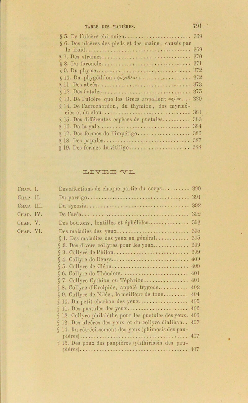 § 5. Do 1'ulcere chironion § 6. Des ulceres des piods et des mains, caitscs par le froid § 7. Des strumes § 8. Du furoncle § 9. Du phyma § 10. Du phygethlon ( ptlysOAa») §11. Des abces § 12. Des fistules 309 369 370 371 372 372 373 375 § 13. De 1'ulcere que les Grecs appellent x-nyin. .. 380 § 14. Do 1’acrocliordon, du thymion , des myrme- cios et du clou 381 § 15. Dos differentes cspcces de pustules 383 § 16. De la gale 384 § 17. D03 formes de 1'impctigo 386 § 18. Des papules 387 § 19. Des formes du vitiligo 388 LIYEE YI. Chap. I. Des affections do chaquc partio du corps 390 Chap. II. Du porrigo 391 Chap. III. Du sycosis 392 Chap. IV. Do Parea 392 Chap. Y. Desboutons, lentilles et ephelides 383 Chap. VI. Des maladios des yeux 395 § 1. Dos maladies des yeux en general 395 § 2. Dos divers collvrcs pour les yeux 399 § 3. Collyre de Philon 399 § 4. Collyre de Denys 409 § 5. Collyro do Cleon.... 400 § 6. Collyro de Theodote 401 § 7. Collyro Cythion ou Teplirion 401 § 8. Collyre d’Evelpide, appold trygodo 402 § 9. Collyro de Nilee, lomoilleur de tous 404 § 10. Du petit charbon des yeux 405 § 11. Des pustules des yeux 406 § 12. Collyro philalotho pour les pustules des yeux. 406 § 13. Dos ulceres des yeux et du collyre dialiban.. 407 § 14. I)n retrecissement des yeux (phimosis des pau- pieros) 407 § 15. Des poux dos paupieres (phthiriasis des pau- pieros) 407