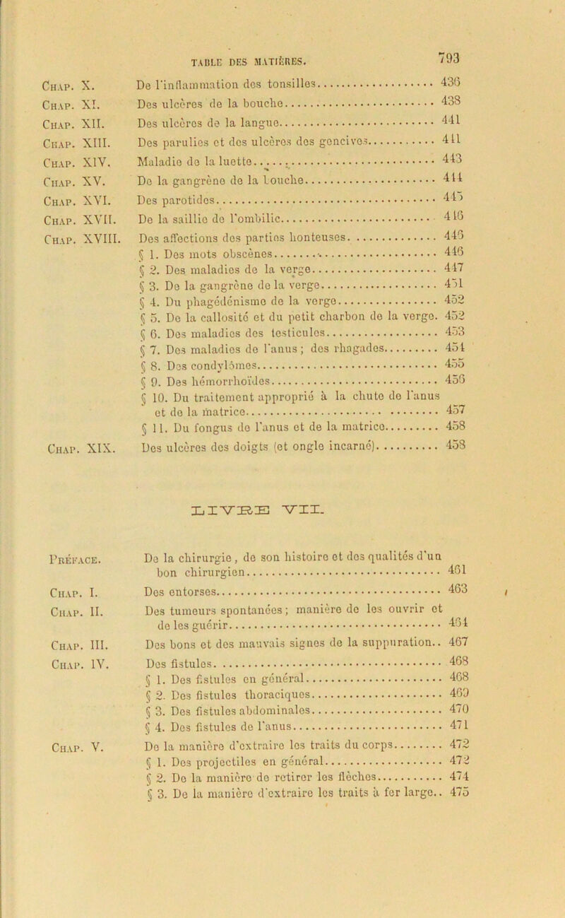 Ch.vp. X. De 1'inflammation dos tonsilles 436 Chap. XI. Des ulceres de la boucho 438 Chap. XII. Des ulceres de la langue 441 Chap. XIII. Des parulios et des ulceres dos goncivos 411 Chap. XIV. Maladie de la luctte 443 Chap. XV. Do la gangreno de la louche 414 Chap. XVI. Des parotides 41) Chap. XVII. De la saillio do Tombilic 418 Chap. XVIII. Des afiections dos parties honteuses 446 § 1. Dos mots obscenes 446 § 2. Des maladies de la verge 447 § 3. Do la gangreno de la verge 4)1 5 4. Du phagedenismo de la vergo 452 5. Do la callosito et du petit cliarbon do la vergo. 452 $ 6. Dos maladies dos testiculos 453 § 7. Dos maladies do l'anus; des rhagades 451 § 8. Dos condylomes 455 § 9. Des hemorrholdes 456 § 10. Du traitement approprie h la cliute do 1'anus et do la rtiatrice 457 § 11. Du fongus do 1‘anus et de la matrico 458 Chap. XIX. Des ulceres des doigts (et ongle incarno) 458 LIVEE VII. PitEEACE. Do la chirurgie , do son histoire et dos qualites d'un bon chirurgion 461 Chap. I. Des entorses 463 Chap. II. Des tumeurs spontaneos; maniero de les ouvrir et delesguerir 464 Chap. III. Des bons et des mauvais signes de la suppuration.. 467 Chap. IV. Dos fistules 463 § 1. Des fistules en general 468 § 2. Des fistules thoraciques 460 § 3. Des fistules abdominales 4/0 § 4. Dos fistules de l'anus 4/1 Chap. V. Do la maniero d‘cxtraire les traits du corps 472 § 1. Dos projoctilcs en general 472 § 2. Do la maniero de retiror les flechos 474 § 3. De la maniero dextraire les traits ii fer large.. 475