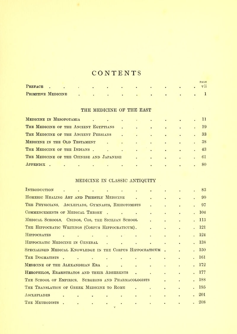 CONTENTS PAGE Preface ........... vii Primitive Medicine ......... 1 THE MEDICINE OF THE EAST Medicine in Mesopotamia . . . . . . . .11 The Medicine of the Ancient Egyptians . . . . . .19 The Medicine of the Ancient Persians . . . . . .33 Medicine in the Old Testament . . . . . . .38 The Medicine of the Indians ........ 43 The Medicine of the Chinese and Japanese . . . . .61 Appendix ........... 80 MEDICINE IN CLASSIC ANTIQUITY Introduction .......... 83 Homeric Healing Art and Priestly Medicine . . . . .90 The Physicians. Asclepiads, Gymnasts, Rhizotomists . . . .97 Commencements of Medical Theory ....... 104 Medical Schools. Cnidos, Cos, the Sicilian School . . . .113 The Hippocratic Writings (Corpus Hippocraticum) ..... 121 Hippocrates .......... 124 Hippocratic Medicine in General . . . . . . .138 Specialised Medical Knowledge in the Corpus Hippocraticum . . . 150 The Dogmatists .......... 161 Medicine of the Alexandrian Era ....... 172 Herophilos, Erasistratos and their Adherents ..... 177 The School of Empirics. Surgeons and Pharmacologists . . . 188 The Translation of Greek Medicine to Rome ..... 195 Asclepiades .......... 201 The Methodists .......... 208