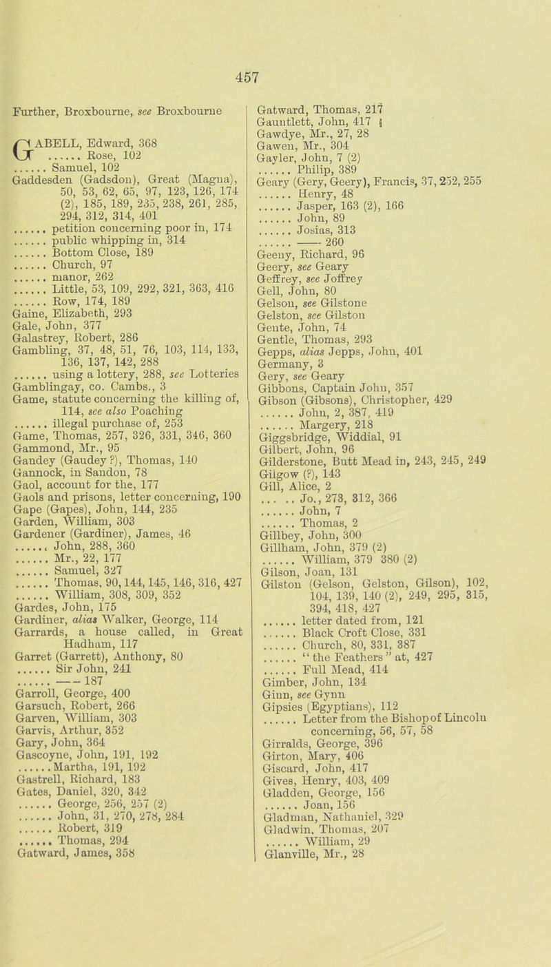 Further, Broxbourne, see Broxbourue GABELL, Edward, 368 Eose, 102 Samuel, 102 Gaddesden (Gadsdou), Great (Magua), 50, 53, 62, 65, 97, 123, 126, 174 (2), 185, 189, 235,238, 261, 285, 294, 312, 314, 401 petition concerning poor in, 17 4 public whipping in, 314 Bottom Close, 189 Church, 97 manor, 262 Little, 53, 109, 292, 321, 363, 416 Kow, 174, 189 Gaine, Elizabeth, 293 Gale, John, 377 Galastrey, Robert, 286 Gambling, 37, 48, 51, 76, 103, 114, 133, 136, 137, 142, 288 nsing a lottery, 288, see Lotteries Gamblingay, co. Cambs., 3 Game, statnte concerning the killing of, 114, see also Poaching illegal purchase of, 253 Game, Thomas, 257, 326, 331, 346, 360 Gammond, Mr., 95 Gandey (Gaudey?), Thomas, 140 Gannock, in Sandon, 78 Gaol, account for the, 177 Gaols and prisons, letter concerning, 190 Gape (Gapes), John, 144, 235 Garden, William, 303 Gardener (Gardiner), James, 46 John, 288, 360 Mr., 22, 177 Samuel, 327 Thomas. 90,144,145,146, 316, 427 William, 308, 309, 352 Gardes, John, 175 Gardiner, alias Walker, George, 114 Garrards, a house called, in Great Hadham, 117 Garret (Garrett), Anthony, 80 Sir John, 241 187 Garroll, George, 400 Garsuch, Robert, 266 Garven, William, 303 Garvis, Arthur, 352 Gary, John,364 Gascoyne, John, 191, 192 Martha, 191, 192 Gastrell, Richard, 183 Gates, Daniel, 320, 342 George, 256, 257 (2) John, 31, 270, 278, 284 Robert, 319 Thomas, 294 Gatward, James, 358 Gatward, Thomas, 217 Gauntlett, John, 417 j Gawdye, Mr., 27, 28 Gawen, Mr., 304 Gayler, John, 7 (2) Philip, 389 Geary (Gery, Geery), Francis, 37,252, 255 Henry, 48 Jasper, 163 (2), 166 John, 89 Josias, 313 260 Geeny, Richard, 96 Geery, see Geary Geffrey, see Jeffrey Gell, John, 80 Gelson, see Gilstoue Gelston, see Gilston Gente, John, 74 Gentle, Thomas, 293 Gepps, alias Jepps, John, 401 Germany, 3 Gery, see Geary Gibbons, Captain John, 357 Gibson (Gibsons), Christopher, 429 John, 2, 387, 419 Margery, 218 Giggsbridge, Widdial, 91 Gilbert, John, 96 Gilderstone, Ilutt Mead in, 243, 245, 249 Giigow (?), 143 Gill, Alice, 2 Jo., 273, 312, 366 John, 7 Thomas, 2 Gillbey, John, 300 Gillham, John, 379 (2) William, 379 380 (2) Gilson, Joan, 131 Gilston (Gelson, Gelston, Gilson), 102, 104, 139, 140 (2), 249, 295, 315, 394, 418, 427 letter dated from, 121 Black Croft Close, 331 Church, 80, 331, 387 “ the Feathers” at, 427 Full Mead, 414 Gimber, John, 134 Ginn, sec Gynn Gipsies (Egyptians), 112 Letter from the Bishop of Lincoln concerning, 56, 57, 58 Girralds, George, 3^96 Girton, Mary, 406 Giscard, John, 417 Gives, Henry, 403, 409 Gladden, George, 156 Joan,156 Gladman, Nathaniel, 329 Gladwin. Thomas, 207 William, 29 Glanville, Mr., 28