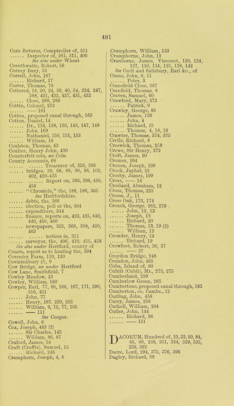 Corn Returns, Comptroller of, 311 Inspector of, 281, 311, 406 See also under Wheat Cornthwaite, Robert, 56 Corney Bury, 55 Corrall, John, 167 Richard, 17 Coster, Thomas, 78 Cottered, 18, 20, 24, 39, 40, 54, 224, 247, 288, 421, 422, 427, 431, 432 Close, 288, 289 Cottin, Colonel, 213 161 Cotton, proposed canal through, 163 Cotton, Daniel, 14 Dr., 134. 138, 139, 143, 147, 148 John, 169 Nathaniel, 150, 151, 153 William, 10 Coulston, Thomas, 43 Coulter, Henry John, 430 Counterfeit coin, see Coin County Accounts, 68 Treasurer of, 355, 396 .... . bridges, 39, 68, 89, 90, 98, 102, 402, 420-435 Report on, 395, 396, 450, 458 “Chronicle,” the, 188, 196, 305 See Hertfordshire. debts, the, 366 election, poll at the, 364 expenditure, 344 finance, reports on, 423, 425, 440, 449, 450, 460 newspapers, 325, 368, 398, 420, 463 notices in, 311 surveyor, the, 406, 410, 455, 458 See also under Hertford, county of Courts, report as to heating the, 394 Coventry Farm, 119, 120 Covintenbury (?), 9 Cow Bridge, see under Hertford Cow Lane, Smithfield, 7 Cowley Meadow, 23 Cowley, William, 180 Cowper, Earl, 77, 86, 166, 167, 171, 290, 316, 451 John, 77 Henry, 167, 229, 255 William, 9, 75, 77, 105 111 See Cooper. Cowell, John, 6 Cox, Joseph, 443 (2) Sir Charles, 145 William, 86, 87 Craford, James, 54 Craft (Craffts), Samuel, 15 Richard, 246 Cramphorn, Joseph, 4, 6 ,Cramphorn, William, 133 Cramphorne, John, 12 Cranbome, James, Viscount, 120, 124, 127, 130, 134, 135, 138, 142 See Cecil and Salisbury, Earl &c., of Crane, John, 6, 11 Peter, 3 Cranefield Close, 387 Cranfield, Thomas, 8 Craven, Samuel, 60 Crawford, Mary, 272 Patrick, 9 Crawley, George, 83 James, 138 John, 4 Richard, 15 Thomas, 4, 18, 19 Crawter, Thomas, 374, 375 Crelle, Richard, 8 Creswick, Thomas, 258 Crewe, Sir Henry, 272 Croft, James, 20 Cromer, 264 Cronen, Joseph, 109 Crook, Japhat, 22 Crosby, James, 199 Crose, 14 Crosland, Abraham, 12 Cross, Thomas, 225 Crosse, J,, 11 Cross Oak, 173, 174 Crouch, George, 262, 270 John, 12,13 Joseph, 13 Richard, 20 Thomas, 13, 19 (2) William, 13 Crowder, Henry, 19 Richard, 19 Crowfoot, Robert, 36, 37 37 Croydon Bridge, 248 Crundon, John, 465 Cuba, Island of, 80 Cubitt (Cubit), Mr., 273, 275 Cumberland, 239 Cumberlow Green, 265 Cumbertone, proposed canal through, 163 Cumberton, co. Cambs., 12 Curling, John, 458 Curry, James, 258 Cuthell, William, 204 Cutler, John, 144 Richard, 96 131 DACORUM, Hundred of, 25,32, 50, 84, 85, 99, 238, 251, 324, 329, 335, 339 392 Dacre, Lord, 294, 375, 376, 396 Dagley, Richard, 58