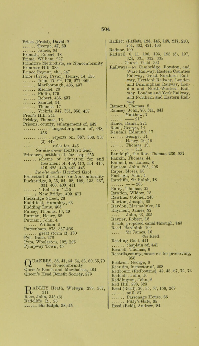 Priest (Preist), David, 2 George, 47, 50 James, 84 Primatt, Robert, 18 Prime, William, 227 Primitive Methodists, see Nonconformity Primrose Hill, 383 Prince Regent, the, 247 Prior (Pryor, Pryar), Henry, 14, 156 John, 17, 69, 179, 271, 469 Marlborough, 436, 437 Michael, 20 Philip, 179 Robert, 436, 437 Samuel, 34 Thomas, 17 Yickris, 347, 351, 356, 437 Prior’s Hill, 241 Prisley, Thomas, 16 Prisons, county, enlargement of, 449 inspector-general of, 448, 456 reports on, 367, 368, 387 (2), 449 rules for, 445 See also under Hertford Gaol Prisoners, petition of, for soap, 255 scheme of education for and treatment of, 409, 413, 414, 415, 416, 425, 440, 441, 445 See also under Hertford Gaol. Protestant dissenters, see Nonconformity Puckeridge, 9, 55, 94, 98, 128, 133, 267, 331, 400, 409, 411 “ Bell Inn,” 215 New Bridge, 409, 411 Puckridge Street, 28 Puddifoot, Humphry, 63 Pudding Lane, 403 Pursey, Thomas, 13, 49 Putman, Henry, 68 Putnam, John, 4 William, 5 Puttenham, 273, 357 466 great storm at, 130 Pye, Isaac, 278 Pym, Woolaston, 192, 195 Pympway Town, 45 Quakers, 38,41,44,54,56, eo, 65,70 See Nonconformity Queen’s Bench and Marshalsea, 464 Queen’s Head Benefit Society, 273 T) ABLEY Heath, Welwyn, 299, 307, Race, John, 345 (3) Radcliffe, R., 26 Sir Ralph, 38, 45 Radlett (Ratlet), 128, 145, 149. 217, 250, 251, 302, 421, 466 Radnor, 100 Radwell, 6, 11, 190. 193, 195 (3), 197, 324, 331, 332, 335 Church Field, 331 Railways—see Cambridge, Royston, and Ware Railway, Eastern Counties Railway, Great Northern Rail- way, Hertford Railway, London and Birmingham Railway, Lon- don and North-Western Rail- way, London and York Railway, and Northern and Eastern Rail- way Rament, Thomas, 8 Ramsey, John, 70, 311, 341 Matthew, 7 217 Ranee, Daniel, 224 Rand, George, 14 Randall, Edmund, 17 George, 14 Henry, 10,19 Thomas, 19, 415 Randolph, the Rev. Thomas, 236, 237 Rankin, Thomas, 44 Raunell, co. Lancs., 6 Ransom, John, 205, 206 Raper, Moses, 58 Rasleigh, John, 4 Ratcliffe, Sir Ralph, 18 266 Ratey, Thomas, 23 Rawdon, Widow, 15 Rawlins. Colonel, 248 Bawton, Joseph, 60 Raydon, Marmaduke, 15 Rayment, James, 92 John, 63, 205 Rayner, Robert, 18 Reach, proposed canal through, 163 Read, Bardolph, 109 Sir James, 16 See Reed. Reading Gaol, 441 chaplain of, 441 Reanell, Thomas, 6 Records,county, measures for preserving, 356 Reckson. George, 6 Recruits, inspector of, 208 Redbourn (Redboume), 42, 45, 67, 72, 73 Reddale, John, 16 Reddingtou, John, 6 Red Hill, 293, 323 Reed (Read), 20, 35, 57, 156, 269 mill, 57 Parsonage House, 36 Pitty’s Gate, 35 Reed (Reid), Andrew, 84