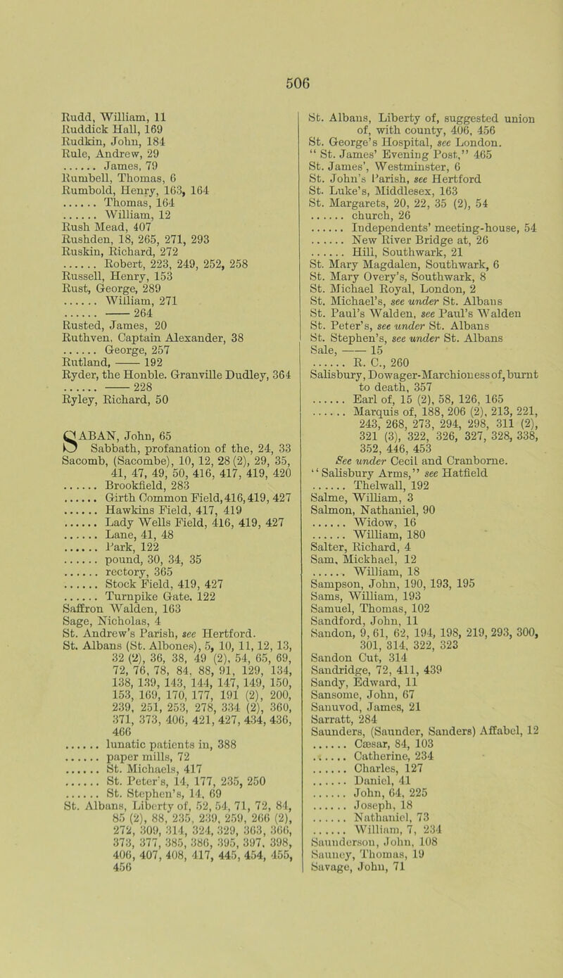 Rudd, William, 11 Ruddick Hall, 169 Rudkin, John, 184 Rule, Andrew, 29 James, 79 llumbell, Thomas, 6 Rumbold, Henry, 163, 164 Thomas, 164 William, 12 Rush Mead, 407 Rushden, 18, 265, 271, 293 Ruskin, Richard, 272 Robert, 223, 249, 252, 258 Russell, Henry, 153 Rust, George, 289 William, 271 264 Rusted, James, 20 Ruthven, Captain Alexander, 38 George, 257 Rutland, 192 Ryder, the Honble. Granville Dudley, 364 228 Ryley, Richard, 50 SABAN, John, 65 Sabbath, profanation of the, 24, 33 Sacomb, (Sacombe), 10, 12, 28(2), 29, 35, 41, 47, 49, 50, 416, 417, 419, 420 Brookfield, 283 Girth Common Field,416,419, 427 Hawkins Field, 417, 419 Lady Wells Field, 416, 419, 427 Lane, 41, 48 Bark, 122 pound, 30, 34, 35 rectory, 365 Stock Field, 419, 427 Turnpike Gate. 122 Saffron Walden, 163 Sage, Nicholas, 4 St. Andrew’s Parish, see Hertford. St. Albans (St. Albones), 5, 10, 11,12, 13, 32 (2), 36, 38, 49 (2), 54, 65, 69, 72, 76, 78, 84, 88, 91, 129, 134, 138, 139, 143, 144, 147, 149, 150, 153, 169, 170, 177, 191 (2), 200, 239, 251, 253, 278, 334 (2), 360, 371, 373, 406, 421, 427, 434, 436, 466 lunatic patients in, 388 paper mills, 72 St. Michaels, 417 St. Peter's, 14, 177, 235, 250 St. Stephen’s, 14, 69 St. Albans, Liberty of, 52, 54, 71, 72, 84, 85 (2), 88, 235, 239, 259, 266 (2), 272, 309, 314, 324, 329, 363, 366, 373, 377, 385, 386, 395, 397. 398, 406, 407, 408, 417, 445, 454, 455, 456 St. Albans, Liberty of, suggested union of, with county, 406, 456 St. George’s Hospital, see London. “St. James’ Evening Post,” 465 St. James’, Westminster, 6 St. John’s Parish, see Hertford St. Luke’s, Middlesex, 163 St. Margarets, 20, 22, 35 (2), 54 church, 26 Independents’ meeting-house, 54 New River Bridge at, 26 Hill, Southwark, 21 St. Mary Magdalen, Southwark, 6 St. Mary Overy’s, Southwark, 8 St. Michael Royal, London, 2 St. Michael’s, see under St. Albans St. Paul’s Walden, see Paul’s Walden St. Peter’s, see under St. Albans St. Stephen’s, see under St. Albans Sale, 15 R. C., 260 Salisbury, Dowager-Marchion ess of, burnt to death, 357 Earl of, 15 (2), 58, 126, 165 Marquis of, 188, 206 (2), 213, 221, 243, 268, 273, 294, 298, 311 (2), 321 (3), 322, 326, 327, 328, 338, 352, 446, 453 See under Cecil and Cranbome. “Salisbury Arms,” see Hatfield Thelwall, 192 Salme, William, 3 Salmon, Nathaniel, 90 Widow, 16 William, 180 Salter, Richard, 4 Sam, Mickhael, 12 William, 18 Sampson, John, 190, 193, 195 Sams, William, 193 Samuel, Thomas, 102 Sandford, John, 11 Sandon, 9, 61, 62, 194, 198, 219, 293, 300, 301, 314, 322, 323 Sandon Cut, 314 Sandridge, 72, 411, 439 Sandy, Edward, 11 Sansome, John, 67 Sanuvod, James, 21 Sarratt, 284 Saunders, (Saunder, Sanders) Affabcl, 12 Caesar, 84, 103 .;.... Catherine, 234 Charles, 127 Daniel, 41 John, 64, 225 Joseph, 18 Nathaniel, 73 William, 7, 234 Saundcrsou, John, 108 Saunoy, Thomas, 19 Savage, John, 71