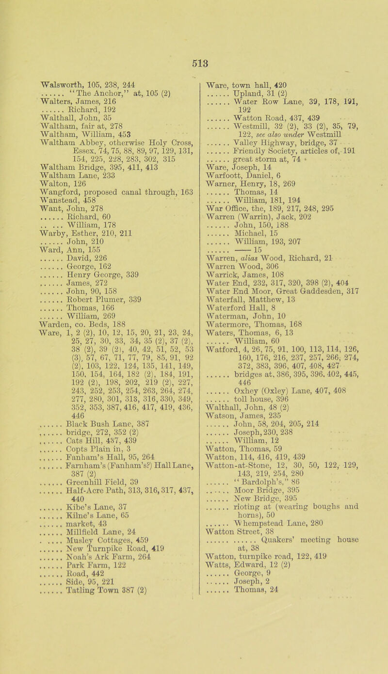 Wals worth, 105, 238, 244 “The Anchor,” at, 105 (2) Walters, James, 216 Richard, 192 Walthall, John, 35 Waltham, fair at, 278 Waltham, William, 453 Waltham Abbey, otherwise Holy Cross, Esses, 74,75, 88, 89, 97,129, 131, 154, 225, 228, 283, 302, 315 Waltham Bridge, 395, 411, 413 Waltham Lane, 233 Walton, 126 Wangford, proposed canal through, 163 Wanstead, 458 Want, John, 278 Richard, 60 William, 178 Warby, Esther, 210, 211 John, 210 Ward, Ann, 155 David, 226 George, 162 Henry George, 339 James, 272 John, 90, 158 Robert Plumer, 339 Thomas, 166 William, 269 Warden, co. Beds, 188 Ware, 1, 2 (2), 10, 12, 15, 20, 21, 23, 24, 25, 27, 30, 33, 34, 35 (2), 37 (2), 38 (2), 39 (2), 40, 42, 51, 52, 53 (3), 57, 67, 71, 77, 79, 85, 91, 92 (2), 103, 122, 124, 135, 141, 149, 150, 154, 164, 182 (2), 184, 191, 192 (2), 198, 202, 219 (2), 227, 243, 252, 253, 254, 263, 264, 274, 277, 280, 301, 313, 316, 330, 349, 352, 353, 387, 416, 417, 419, 436, 446 Black Bush Lane, 387 bridge, 272, 352 (2) Cats Hill, 437, 439 Copts Plain in, 3 Fanham’s Hall, 95, 264 Farnham’s (Fanham’sP) HallLane, 387 (2) Greenhill Field, 39 Half-Acre Path, 313, 316,317, 437, 440 Kibe’s Lane, 37 Kilne’s Lane, 65 market, 43 Millfteld Lane, 24 Muslev Cottages, 459 New Turnpike Road, 419 Noah’s Ark Farm, 264 Park Farm, 122 Road, 442 Side, 95, 221 Tatling Town 387 (2) Ware, town hall, 420 Upland, 31 (2) Water Row Lane, 39, 178, 191, 192 Watton Road, 437, 439 Westmill, 32 (2), 33 (2), 35, 79, 122, see also under Westmill Valley Highway, bridge, 37 Friendly Society, articles of, 191 great storm at, 74 1 Ware, Joseph, 14 Warfoott, Daniel, 6 Warner, Henry, 18, 269 Thomas, 14 William, 181, 194 War Office, the, 189, 217, 248, 295 Warren (Warrin), Jack, 202 John, 150, 188 Michael, 15 William, 193, 207 15 Warren, alias Wood, Richard, 21 Warren Wood, 306 Warrick, James, 108 Water End, 232, 317, 320, 398 (2), 404 Water End Moor, Great Gaddesden, 317 Waterfall, Matthew, 13 Waterford Hall, 8 Waterman, John, 10 Watermore, Thomas, 168 Waters, Thomas, 6, 13 William, 60 Watford, 4, 26, 75, 91. 100, 113,114, 126, 160, 176, 216, 237, 257, 266, 274, 372, 383, 396, 407, 408, 427 bridges at, 386, 395, 396. 402, 445, 446 Oxhey (Oxley) Lane, 407, 408 toll house, 396 Walthall, John, 48 (2) Watson, James, 235 John, 58, 204, 205, 214 Joseph, 230, 238 William, 12 Watton, Thomas, 59 Watton, 114, 416, 419, 439 Watton-at-Stone, 12, 30, 50, 122, 129, 143, 219, 254, 280 “ Bardolph’s,” 86 Moor Bridge, 395 New Bridge, 395 rioting at (wearing boughs and horns), 50 Whempstead Lane, 280 Watton Street, 38 Quakers’ meeting house at, 38 Watton, turnpike road, 122, 419 Watts, Edward, 12 (2) George, 9 Joseph, 2 Thomas, 24