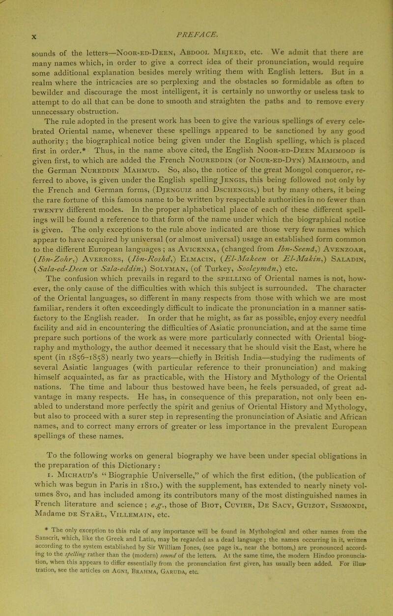 sounds of the letters—Noor-ed-Deen, Abdool Mejeed, etc. We admit that there are many names which, in order to give a correct idea of their pronunciation, would require some additional explanation besides merely writing them with English letters. But in a realm where the intricacies are so perplexing and the obstacles so formidable as often to bewilder and discourage the most intelligent, it is certainly no unworthy or useless task to attempt to do all that can be done to smooth and straighten the paths and to remove every unnecessary obstruction. The rule adopted in the present work has been to give the various spellings of every cele- brated Oriental name, whenever these spellings appeared to be sanctioned by any good authority; the biographical notice being given under the English spelling, which is placed first in order.* Thus, in the name above cited, the English Noor-ed-Deen Mahmood is given first, to which are added the French Noureddin (or Nour-ed-Dyn) Mahmoud, and the German Nureddin Mahmud. So, also, the notice of the great Mongol conqueror, re- ferred to above, is given under the English spelling Jengis, this being followed not only by the French and German forms, (Djenguiz and Dschengis,) but by many others, it being the rare fortune of this famous name to be written by respectable authorities in no fewer than twenty different modes. In the proper alphabetical place of each of these different spell- ings will be found a reference to that form of the name under which the biographical notice is given. The only exceptions to the rule above indicated are those very few names which appear to have acquired by universal (or almost universal) usage an established form common to the different European languages ; as Avicenna, (changed from Ib7i-Seend,') Avenzoar, (Ibn-Zohr,) Averroes, (Jbn-lioshd,) Elmacin, (El-Makeen or El-Making) Saladin, (,Sala-ed-Deen or Salci-eddin,) Solyman, (of Turkey, Soolcymdn,) etc. The confusion which prevails in regard to the spelling of Oriental names is not, how- ever, the only cause of the difficulties with which this subject is surrounded. The character of the Oriental languages, so different in many respects from those with which we are most familiar, renders it often exceedingly difficult to indicate the pronunciation in a manner satis- factory to the English reader. In order that he might, as far as possible, enjoy every needful facility and aid in encountering the difficulties of Asiatic pronunciation, and at the same time prepare such portions of the work as were more particularly connected with Oriental biog- raphy and mythology, the author deemed it necessary that he should visit the East, where he spent (in 1856-1858) nearly two years—chiefly in British India—studying the rudiments of several Asiatic languages (with particular reference to their pronunciation) and making himself acquainted, as far as practicable, with the History and Mythology of the Oriental nations. The time and labour thus bestowed have been, he feels persuaded, of great ad- vantage in many respects. He has, in consequence of this preparation, not only been en- abled to understand more perfectly the spirit and genius of Oriental History and Mythology, but also to proceed with a surer step in representing the pronunciation of Asiatic and African names, and to correct many errors of greater or less importance in the prevalent European spellings of these names. To the following works on general biography we have been under special obligations in the preparation of this Dictionary : 1. Michaud’s “ Biographie Universelle,” of which the first edition, (the publication of which was begun in Paris in 1810,) with the supplement, has extended to nearly ninety vol- umes 8vo, and has included among its contributors many of the most distinguished names in French literature and science; c.g., those of Biot, Cuvier, De Sacy, Guizot, Sismondi, Madame de Stael, Villemain, etc. * I he only exception to this rule of any importance will be found in Mythological and other names from the Sanscrit, which, like the Greek and Latin, may be regarded as a dead language ; the names occurring in it, written according to the system established by Sir William Jones, (see page ix., near the bottom,) are pronounced accord- ing to the spelling rather than the (modern) sound of the letters. At the same time, the modem Hindoo pronuncia- tion, when this appears to differ essentially from the pronunciation first given, has usually been added. For illus- tration, see the articles on Agni, Brahma, Garuda, etc.