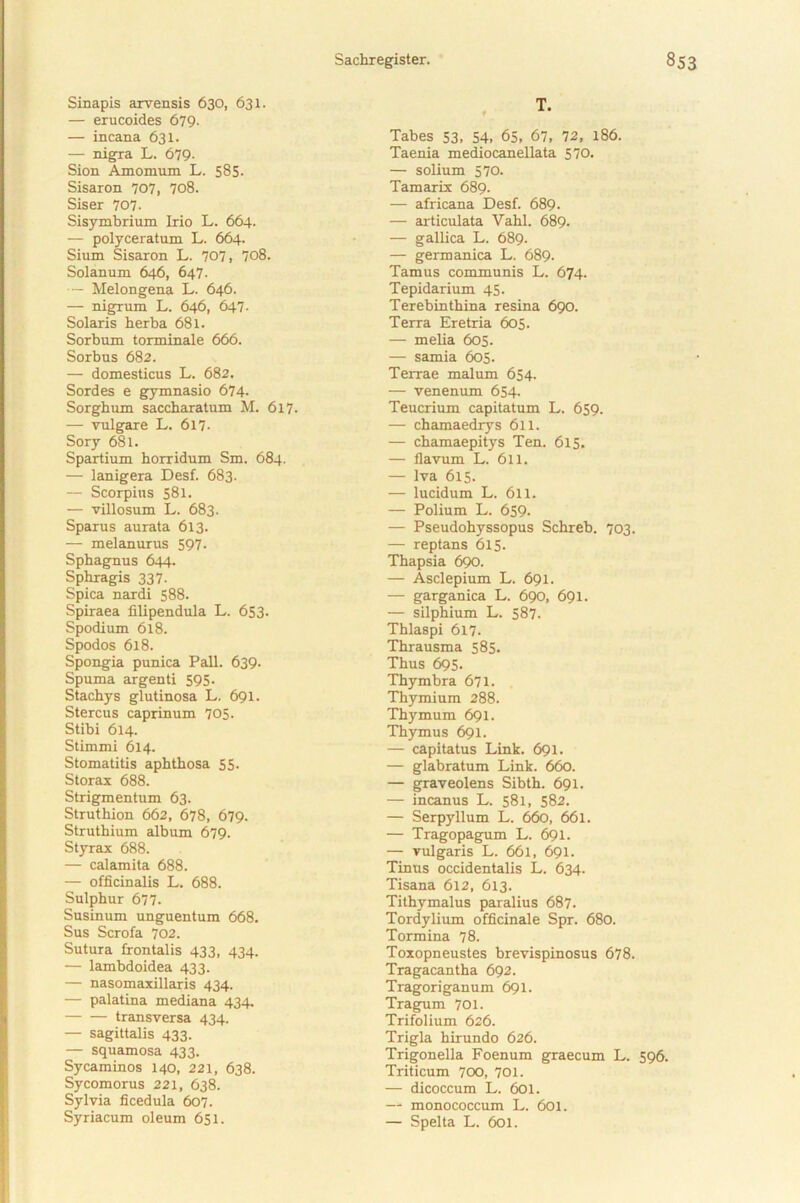 Sinapis arvensis 630, 631. — erucoides 679- — incana 631. — nigra L. 679. Sion Amomum L. 585- Sisaron 707, 708. Siser 707. Sisymbrium Irio L. 664. — polyceratum L. 664. Sium Sisaron L. 707, 708. Solanum 646, 647. — Melongena L. 646. — nigrum L. 646, 647. Solaris herba 681. Sorbum torminale 666. Sorbus 682. — domesticus L. 682. Sordes e gymnasio 674- Sorghum saccharatum M. 617. — vulgare L. 6l7- Sory 681. Spartium horridum Sm. 684. — lanigera Desf. 683- — Scorpius 581. — villosum L. 683. Sparus aurata 613. — melanurus 597. Sphagnus 644. Sphragis 337. Spica nardi 588. Spiraea iilipendula L. 653- Spodium 618. Spodos 618. Spongia punica Pali. 639- Spuma argenti 595. Stachys glutinosa L. 691. Stercus caprinum 705. Stibi 614. Stimmi 614. Stomatitis aphthosa 55. Storax 688. Strigmentum 63. Struthion 662, 678, 679. Struthium album 679. Styrax 688. — calamita 688. — officinalis L. 688. Sulphur 677. Susinum unguentum 668. Sus Scrofa 702. Sutura frontalis 433, 434. — lambdoidea 433. — nasomaxillaris 434. — palatina mediana 434. transversa 434. — sagittalis 433. — squamosa 433. Sycaminos 140, 221, 638. Sycomorus 221, 638. Sylvia ficedula 607. Syriacum oleum 651. Tabes 53, 54, 65, 67, 72, 186. Taenia mediocanellata 570. — solium 570. Tamarix 689. — africana Desf. 689- — articulata Vahl. 689. — gallica L. 689. — germanica L. 689. Tamus communis L. 674. Tepidarium 45. Terebinthina resina 690. Terra Eretria 605. — melia 605. — samia 605. Terrae malum 654. — venenum 654. Teucrium capitatum L. 659. — chamaedrys 611. — chamaepitys Ten. 615. — flavum L. 611. — Iva 615. — lucidum L. 6ll. — Polium L. 659. — Pseudohyssopus Schreb. 703. — reptans 615. Thapsia 690. — Asclepium L. 691. — garganica L. 690, 691. — silphium L. 587. Thlaspi 617. Thrausma 585. Thus 695- Thymbra 671. Thymium 288. Thymum 691. Thymus 691. — capitatus Link. 691. — glabratum Link. 660. — graveolens Sibth. 691. — incanus L. 581, 582. — Serpyllum L. 660, 661. — Tragopagum L. 691. — vulgaris L. 661, 691. Tinus occidentalis L. 634. Tisana 612, 613. Tithymalus paralius 687. Tordylium officinale Spr. 680. Tormina 78. Toxopneustes brevispinosus 678. Tragacantha 692. Tragoriganum 691. Tragum 701. Trifolium 626. Trigla hirundo 626. Trigonella Foenum graecum L. 596. Triticum 700, 701. — dicoccum L. 601. —- monococcum L. 601. — Spelta L. 601.