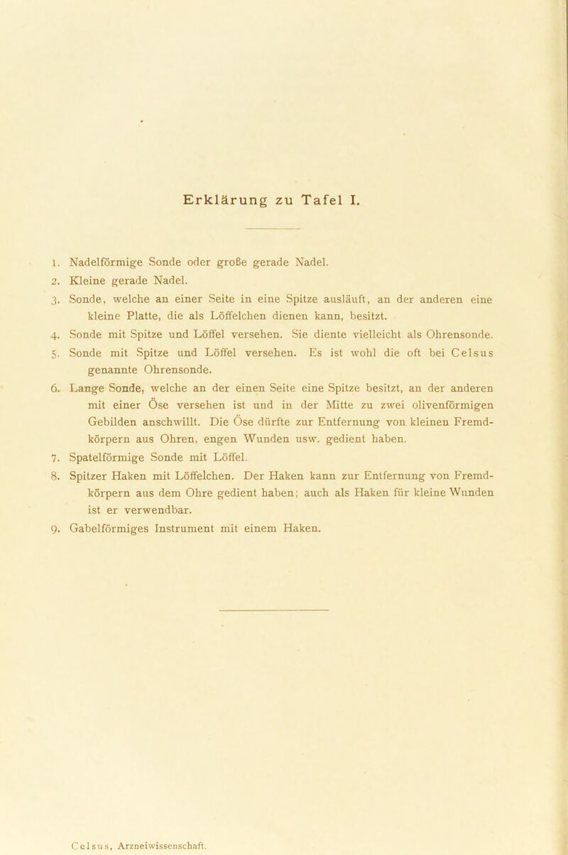 1. Nadelformige Sonde oder grofie gerade Nadel. 2. Kleine gerade Nadel. 3. Sonde, welche an einer Seite in eine Spitze auslauft, an der anderen eine kleine Platte, die ais Loffelchen dienen kann, besitzt. 4. Sonde mit Spitze und Loffel versehen. Sie diente vielleicht ais Ohrensonde. 5. Sonde mit Spitze und Loffel versehen. Es ist wohl die oft bei Celsus genannte Ohrensonde. 6. Lange Sonde, welche an der einen Seite eine Spitze besitzt, an der anderen mit einer Ose versehen ist und in der Mitte zu zwei olivenformigen Gebilden anschwillt. Die Ose diirfte zur Entfernung von kleinen Fremd- korpern aus Ohren, engen Wunden usw. gedient haben. 7. Spatelformige Sonde mit Loffel. 8. Spitzer Haken mit Loffelchen. Der Haken kann zur Entfernung von Fremd- korpern aus dem Ohre gedient haben; auch ais Haken fiir kleine Wunden ist er verwendbar. 9. Gabelformiges Instrument mit einem Haken.