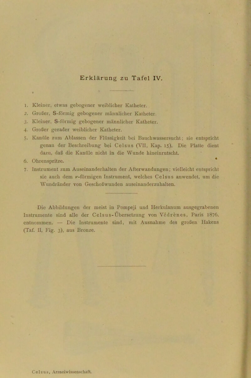 1. Kleiner, etwas gebogener weiblicher Katheter. 2. GioBer, S-formig gebogener miinnlicher Katheter. 3. Kleiner, S-formig gebogener miinnlicher Katheter. 4. GroBer gerader weiblicher Katheter. 5. Kaniile zum Ablassen der Flussigkcit bei Banchwassersucht; sie entspricht genau der Beschreibung bei Celsus (VII, Kap. 15). Die Platte dient dazu, daB die Kaniile nicht in die Wunde hineinrutscht. 6. Ohrenspritze. 7. Instrument zum Auseinanderhalten der Afterwandungen; vielleicht entspricht sie auch dem »'-formigen Instrument, welches Celsus anwendet, um die Wundrander von GeschoBwunden auseinanderzuhalten. Die Abbildungen der meist in Pompeji und Herkulanuin ausgegrabenen Instruinente sind alie der Celsus-Ubersetzung von Vedrenes, Paris 1876, cntnommen. — Die Instrumcnte sind, mit Ausnahme des groBen Hakens (Taf. II, Fig. 3), aus Bronze.