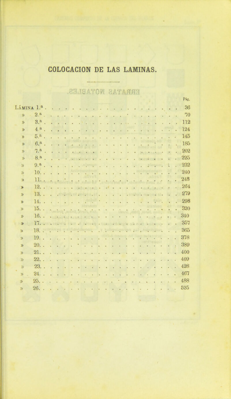 COLOCACION DE LAS LAMINAS Lámina 1.a » 2.a » 3.a » 4 a » 5.a » 6.a » 7.a » 8.a » 9.a » 10. » 11. » 12. » 13. » 14. » 15. » 16. » 17. » 18. . » 19. . » 20. , » 21. , » 22. . » 23. » 24. » 25. . » 26. P¿S. 36 70 112 124 145 185 202 225 232 240 248 264 279 298 320 340 357 365 378 389 400 409 428 467 488 525