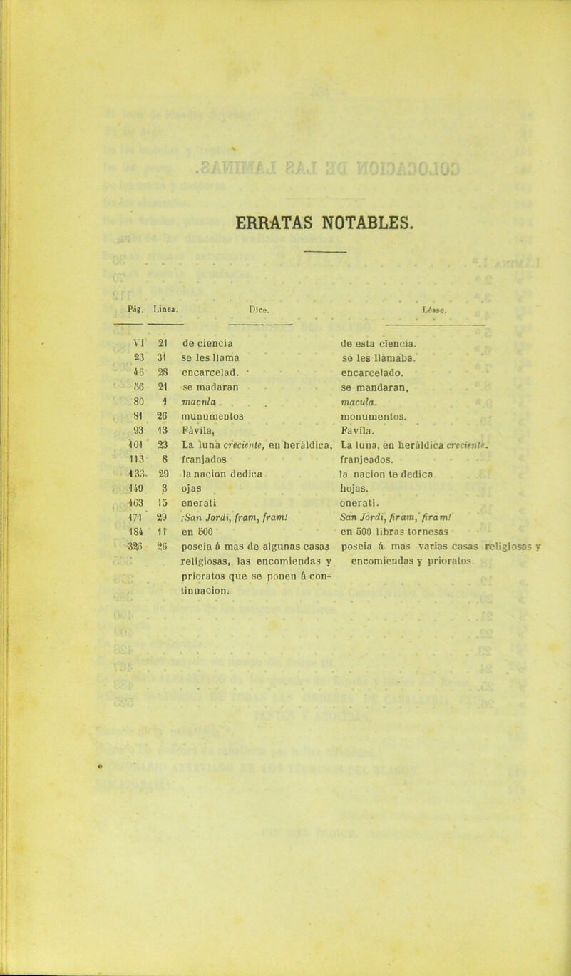 ERRATAS NOTABLES. Pág. Linea. Dice. VI1 21 de ciencia 23 31 se les llama 4-6 28 encarcelad. • 56 21 se madaran 80 1 macula. 81 26 munumentos 93 13 Fávila, 101 23 La luna creciente, en heráldica, 113 8 franjados 133- 29 la nación dedica 149 3 ojas 163 15 enerati 171 29 ¡San Jordi, fram, fram! 184 11 en 500 323 26 poseía á mas de algunas casas religiosas, las encomiendas y prioratos que se ponen á con- tinuaciom I .fase. de esta ciencia, se les llamaba, encarcelado, se mandaran, macula. monumentos. Favila. La luna, en heráldica creciente. franjeados. la nación te dedica hojas. onerati. San Jordi, firam,' firam! en 500 libras tomesas poseía á mas varias casas religiosas v encomiendas y prioratos.