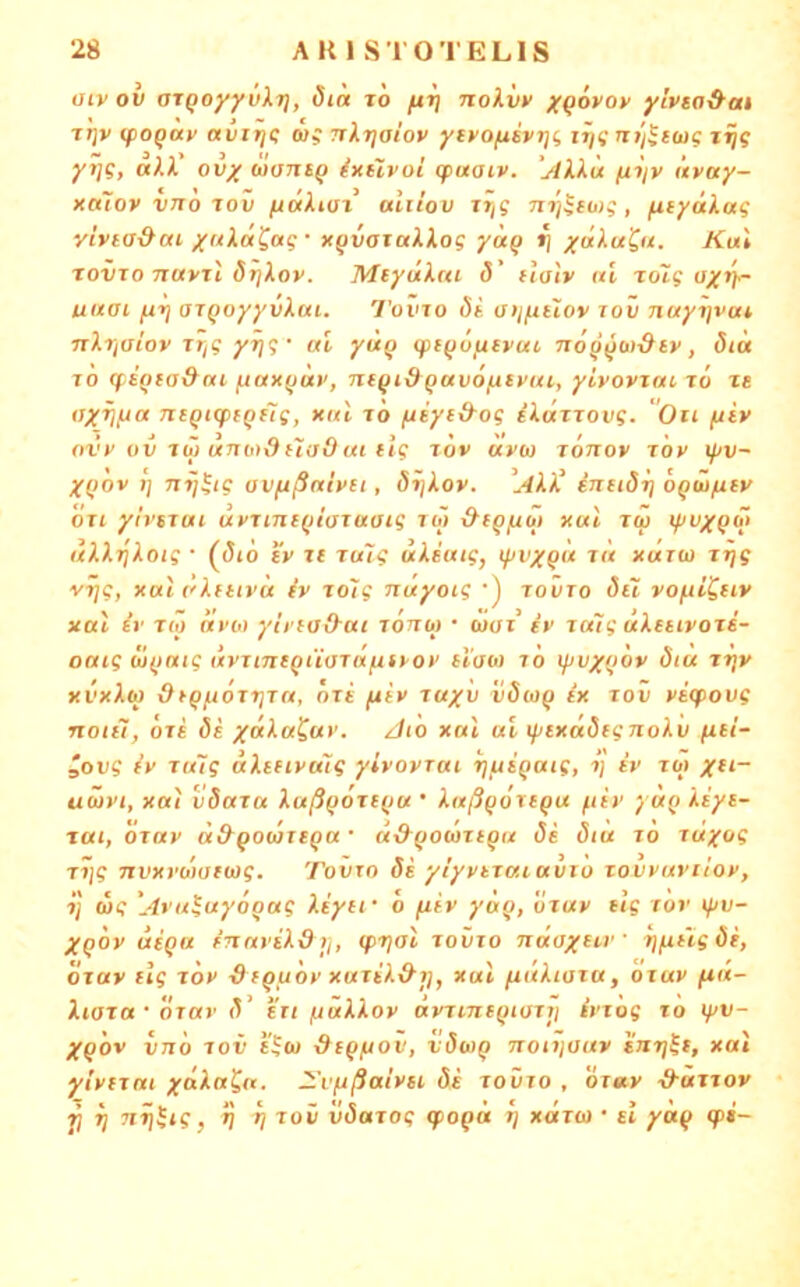 aiv ov aTQo/yvXT}, dia t6 fr!} noXiiv XQovov ylpsa&at rijv (po^ay auit/t tu? nX-tjaiov yfyopiivTji n/j^iug zrig y7]g, aXX' ov/ üansQ ixtivoi gpaaiv. yiXXu (iijv itvuy- xttlov vno Tov luotXiui aliiov ir^g nri^eo)g, /xtyäXag vivia&ai x(tX«^ug- xQvaxaXXog yuq ^ xdXu^u. Kal rovTo nuvil örjXoy. McyüXru d' fiaiy (tl Toig uyf'p- uitai fiTj aiQoyyvXui. Tovto (5t tfi/fttiov tov ncxyi]vat nXrjaiov TTig yrjg • al yü^ qi((j6fxtvui 7i6Q^w-&tv, 6iä TO (fJiiia&cu fjax^uv, nf^i&Qavoficyai, yivovTai rö ze OXW^ ^CQtfpiQiig, »Mt fo fxgyid-og iXäzTovg. ‘Oii fiiy ovy ov Zü) unoh9ftaOut ilg zov avoj zonov zov tpv~ XQOv t] nij^tg avftßniytt, dtjXov. ^^4X)^ inetdr) oQuipitv özi yirezat uyzm(()iazuatg to~> xai zü ipvxQot uXX'qXoig • ((5t6 i'v if zu7g uXeuig, tpvxQ« zu xutw zzjg vrjg, xul ('Xnivu iv zo'ig nüyoig •) zovzo 8ü vo/zi^ftv xal er T(u «i’tu yh’Uj&tti Tonoj • waz’ iv zu7g uXttivozs- oaig üiiatg livztncQÜaTu/iivoy il’aoi lo ipvxiiov dtu zrjv xvxXto dtQfiörrjza, özi fziv zuyv r^tup ix zov vizpovg Tzotii, özi di xiiXa^uy. xJiö xnl ui ipixfidegnoXv (iti- sovg iv zu7g äXefivu7g yivovzai rjutQuig, i] iv zo) uäivt, xai vdaza Xußfjozniu ’ XußQoztQU fdv yuQ Xiyi- zat, özav d&gouztQU • u&QOWztqu di diu z6 zclyog T7jg Tzvxrdwewg. Tovxo di yiyvtzctzavzo zovvuvilov, •ij (og 'AvuXuyooug Xiyif ö fziv yäq, özav flg zor \pv- X(jöv dcQu innviX&jj, q>r}ol zovzo ndaxezr ■ rjfit7gdi, özav (lg zov -dfQuövxuziX&tj, xal fidXioza, ozav fia- Xioztt • özav (5’ (zt ijaXXov avzm(Qiozi\ ivzog to lyv- XqÖv vtzÖ zov £?tu &(Q/xov, vdoiQ TTonioav (Tirj^t, xal ylvfzai xäXa^u. —vfjßalvii di zovzo , özav -d-dzzov ij nrj^ig, 5j ij zov ü(5aT0? (pogd tj xdzcj • ei ya^ q>i-