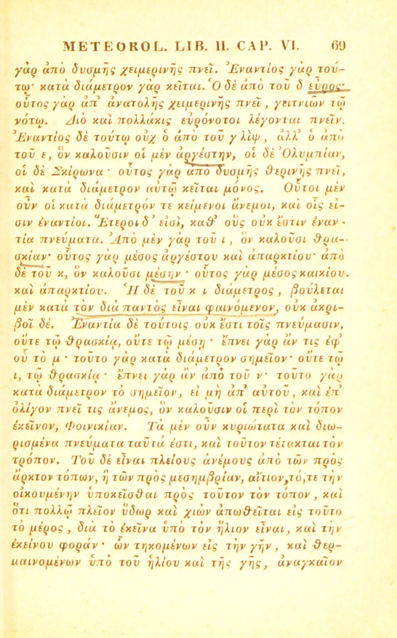 yag ano öva/xi}i xtifj.(givTjg itvH. ^Mvavxiog y^Q lov- jcü' x«T« diä/xtxgov yag xt7xui. 0 Si tinö xov (5 tvooi:- ovxog yltg an uvaxoXi]g xiifxtgivriq nvü , yeixuuv rw voTo». /ti'o xal noXXäxis tvgovoxoL Xiyovxui nvilv. ^Uvuvxiog (Je xovxo) ov/ o «no xov y kitf>, u).X u ann xov e, ov xaXovaiv ol fxev ugyioxjiv, ol de OXvfiniav, ol de ^xigwvw ovxog ytxgano dvofi fjg &eQivijg nvel, xal xurü diufxexQov avxü xeTxai (lovog. Ovxot (lev ovv olxuxä diu/uexgov xe xei/jevot cive/joi, xui oig il- aiv ivavxioi, Exegoid elo), xaSr oil? ovxeaxiv evuv ■ xiu nvevfiuxa. \4no ^ev yäg xov i , ov xuXovai &ga-- oxiav ovxog yug fxeaog ägyeaxov xal unagxiiov unu de xov X, ov xaXovüi /ueoi/v ‘ ovxog yug (leoogxaixiov. xal ünagxxiov. ‘ll de xov x i diüfitxgog, ßovXtxai ftev xaxä xov diunuvx 'og eivat (puivo^evov, ovx uxgi- ßol de. ^vaviiu de xovxoig ovx eoxi xoig nvevfiaatv, ovxe xÜ) dgaoxia, oiJre xot (xeaij • envei yug uv xig tqp ov xo fl • xovxo yäg xaia dtufiexgov aijftelov ovxe xuj i, xü &garjxiu ■ tnvu yäg uv uno xov v xovxo yug xuxa diüfiexgov xo OTjfiüov, et fii] an avxov, xal in oXiyov nvel xig uvffiog, ov xuXovaiv ol negl xov xonov dxeivov, fl'oivixiuv. Tu ftev ovv xvgiwxuxa xal diw- giafievu nvevfiaxu xav xu eoxt,xul xovxov xexuxxaixöv xgonov. Tov de elvai nXtiovg ävifiovg uno uHv ngog agxxov xonuv, xwv ngog fiearjfißgiuv, aixior,xo,xe xijv oixovftevr/v vnoxiia&ai ngog xovxov xov xonov , xul oxt noX^og nXeiov vdwg xal yiüv änco&elxai elg xovxo xo fiegog , diä xo ixelvu vnd xov r\Xiov eivai, xul xrjv ixeivov (pogäv • uv xrjXOfievuv elg xrjv yrjV , xul-&eg- uatvofievuv vno xov xjXlov xul x^g yrjg, uvuyxoTtov